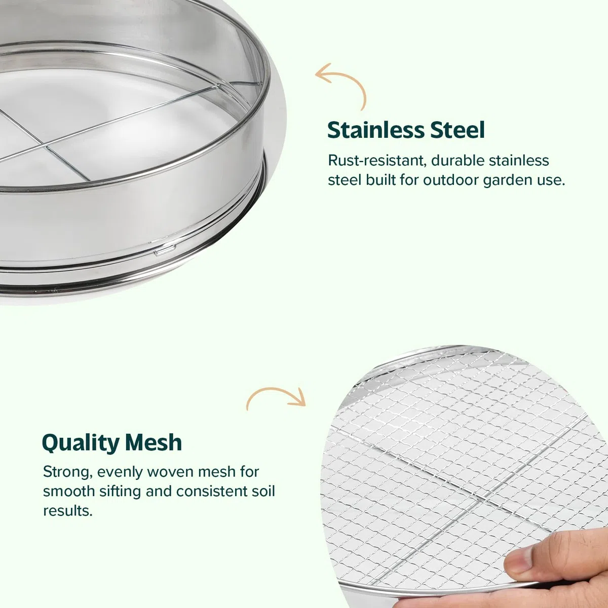 Flatro Setaccio da giardino per terreno e pietra, con telaio in acciaio inox, setaccio da giardino con 5 inserti intercambiabili a rete fine (3 mm, 5 mm, 8 mm, 10 mm, 12 mm), setaccio in metallo per