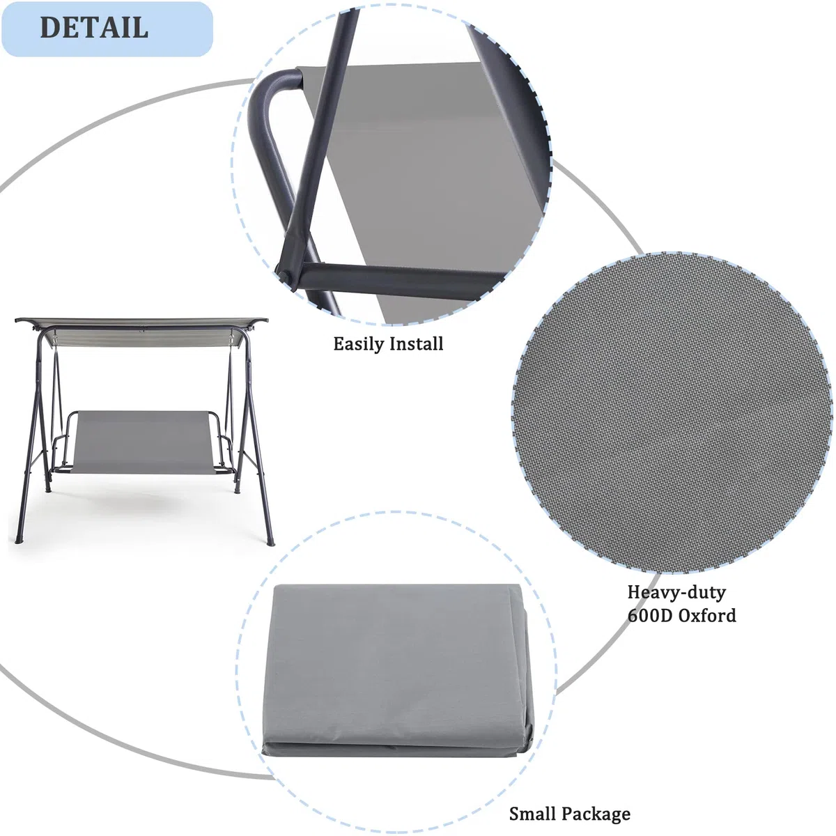 Copertura di ricambio per dondolo da giardino, in tessuto Oxford 600D, resistente e 600D, per dondolo da esterno, universale, 138x48x48 cm, colore: grigio