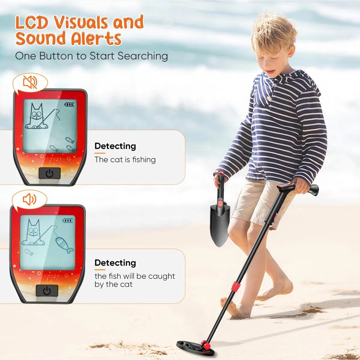 Metal Detector per Bambini, Metaldetector con Display LCD, Metal Detector Leggero ad Alta Precisione con Bobina di Ricerca Impermeabile Pala Rastrello e Setaccio e Borsa per l'oro
