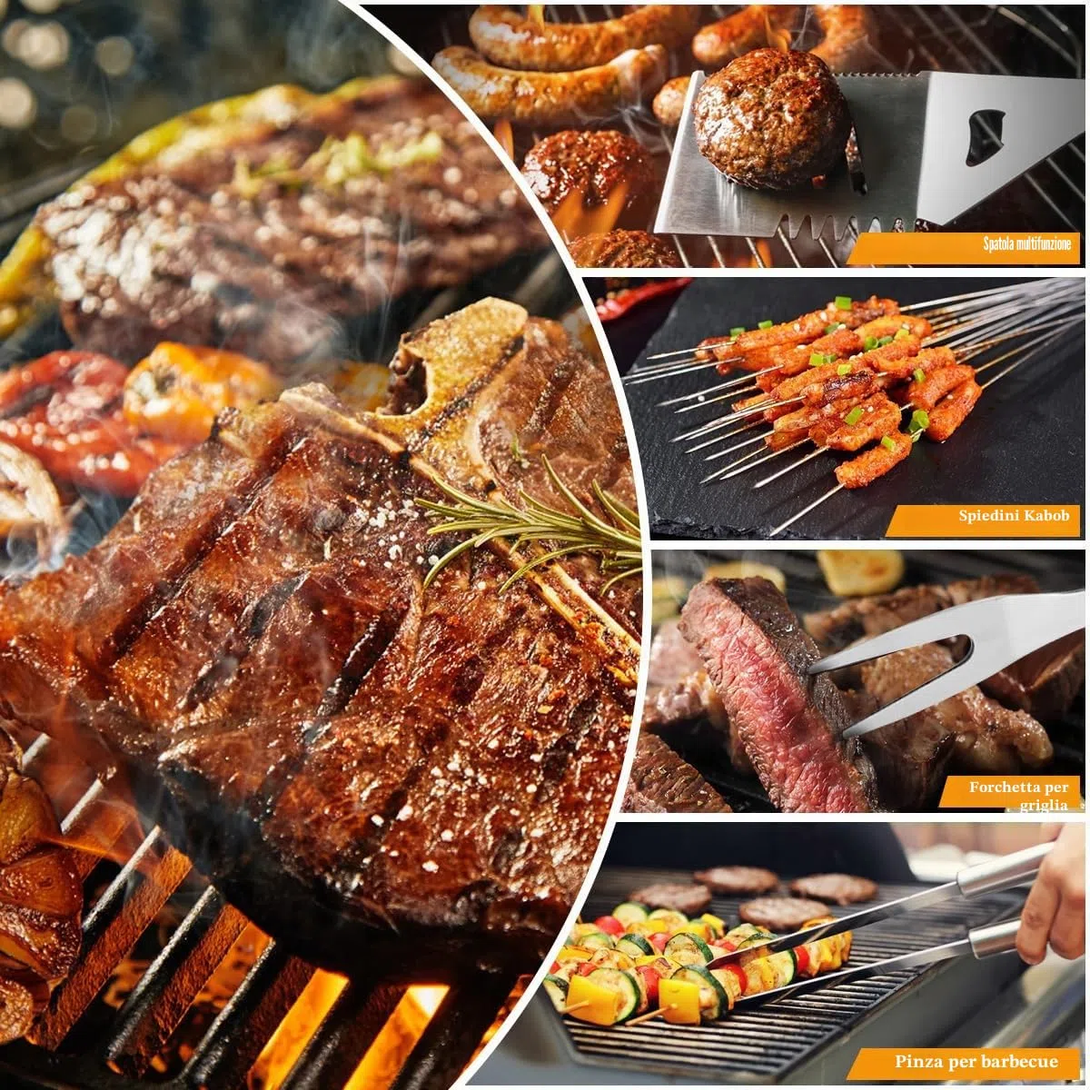 Set di 7 utensili per barbecue in acciaio inox, con borsa per il trasporto, spatola, pinze e forchetta, accessori per barbecue, cucina all'aperto e campeggio
