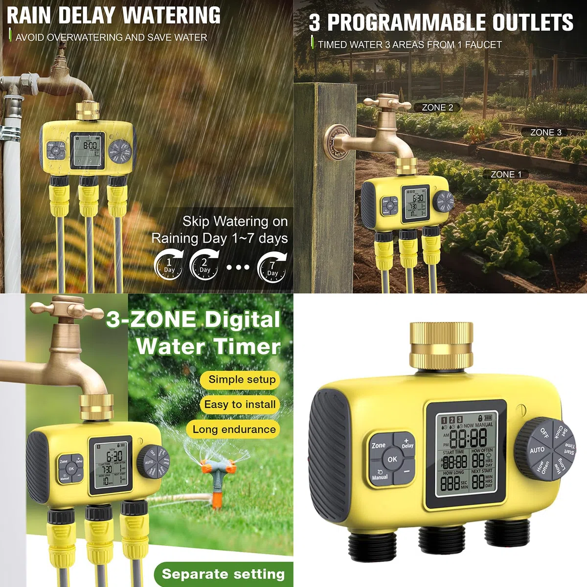 Tubo da giardino con timer per irrigazione a 3 zone, in ottone, per uso domestico e giardino