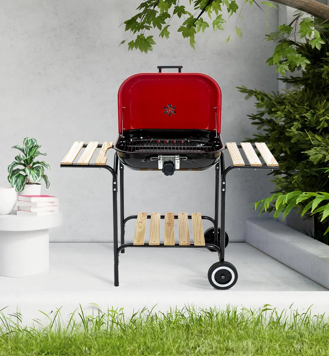 Barbeque a carbone con ruote, griglia regolabile e coperchio BBQ Efesto