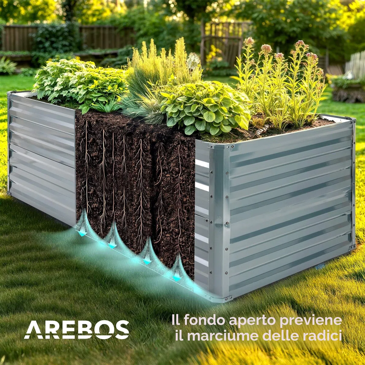 AREBOS Letto rialzato in metallo 120x90x59 cm | letto da giardino in acciaio zincato | letto per piante resistente alle intemperie e alla ruggine | letto rettangolare per orto e patio