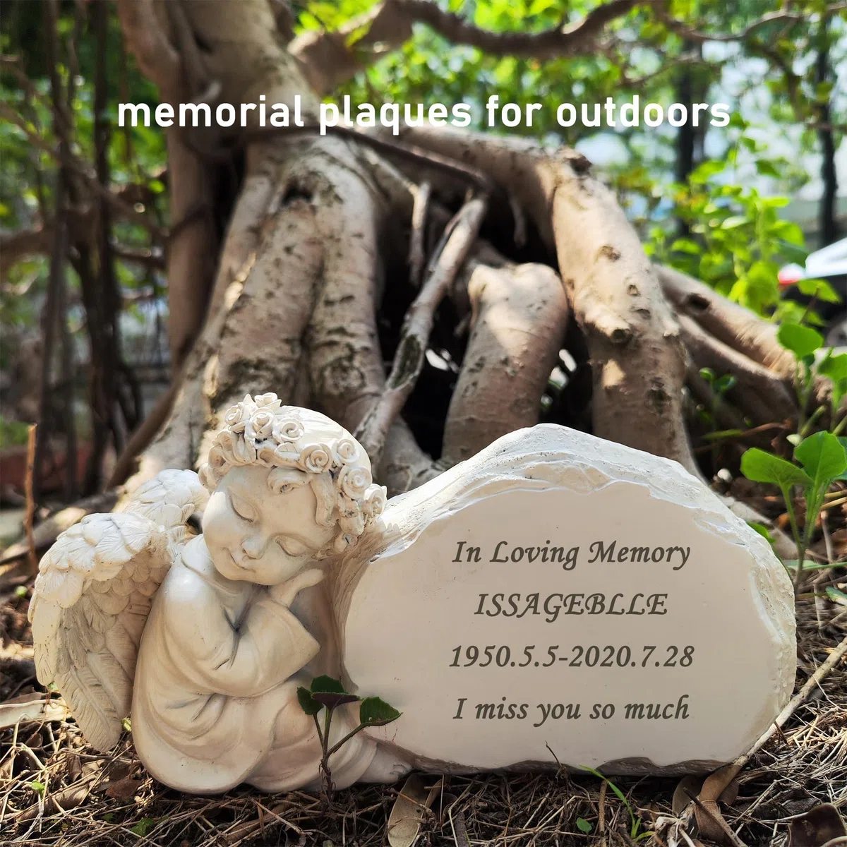 Pietre commemorative da giardino con angelo inciso con qualsiasi messaggio – Personalizzato Memorial Grave Markers Cimitero Pietre commemorative placche con statua di angelo, regali simbolici