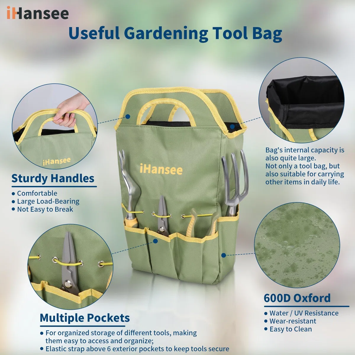 Set di 12 attrezzi da giardino, in alluminio resistente, con manico in gomma antiscivolo, grembiule da giardino, guanti, ginocchiera e borsa portaoggetti, attrezzi da giardino per