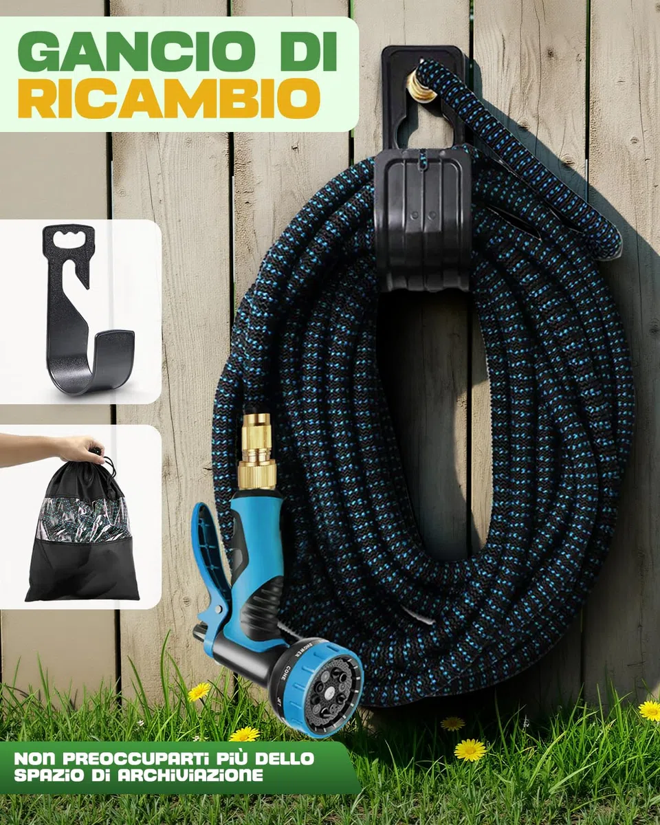 Tubo Estensibile 45m Universale, Canna Flessibile Multiuso con Pistola 10 Funzioni e Raccordi in Ottone, Tubo Rinforzato 4 Strati, per Giardinaggio, Pulizia e Auto