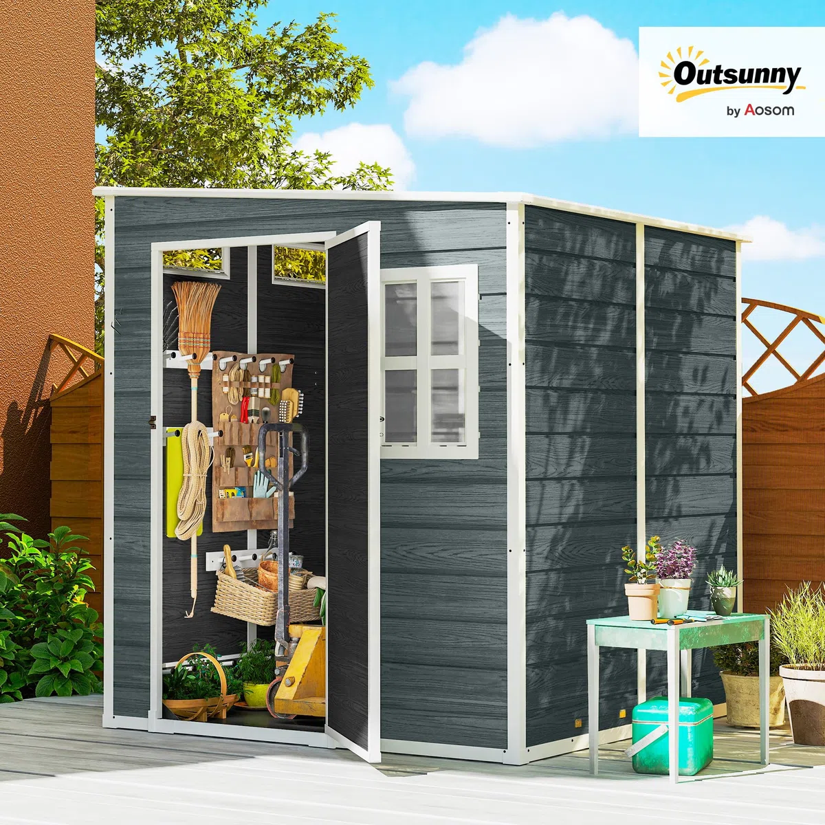 Outsunny Casetta per attrezzi 2,89 m² con effetto legno, 3 finestre 182 x 182 x 196 cm, in plastica, capanno da giardino con ventilazione, guanti di blocco, per attrezzi, bicicletta, grigio