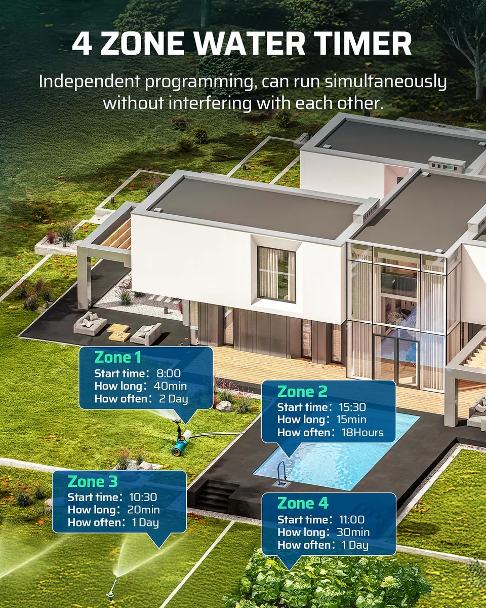 DEWENWlLS - Timer irrigatore a 4 zone, per rubinetto esterno, ritardo pioggia e manuale, timer programmabile per tubo dell'acqua, per vacanze, giardino, prato, orto, fiori in vaso