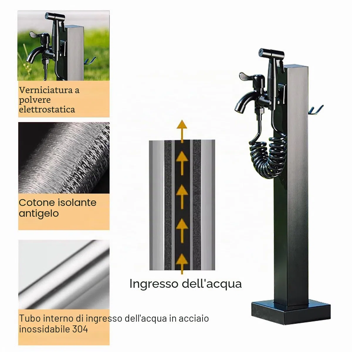 Colonna Acqua Giardino da Esterno, Rubinetto Giardino Fontana da Giardino in Acciaio Inossidabile 304, Rubinetto a Doppia Uscita con Pistola a Spruzzo, per Irrigazione da Giardino, Fattoria, Cortile(W