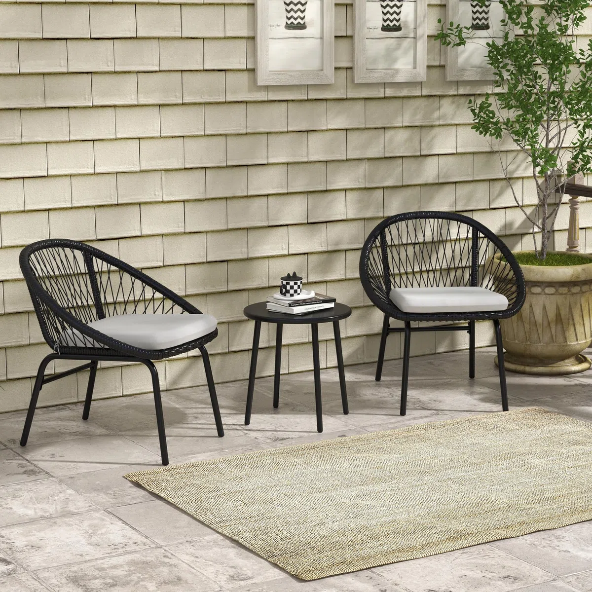 Outsunny Set da Giardino 3 Pezzi Tavolo e Sedie da Balcone Nero | Salotto da Giardino, 2 Sedie con Cuscino, Tavolino Acciaio Rattan PE, Terrazza