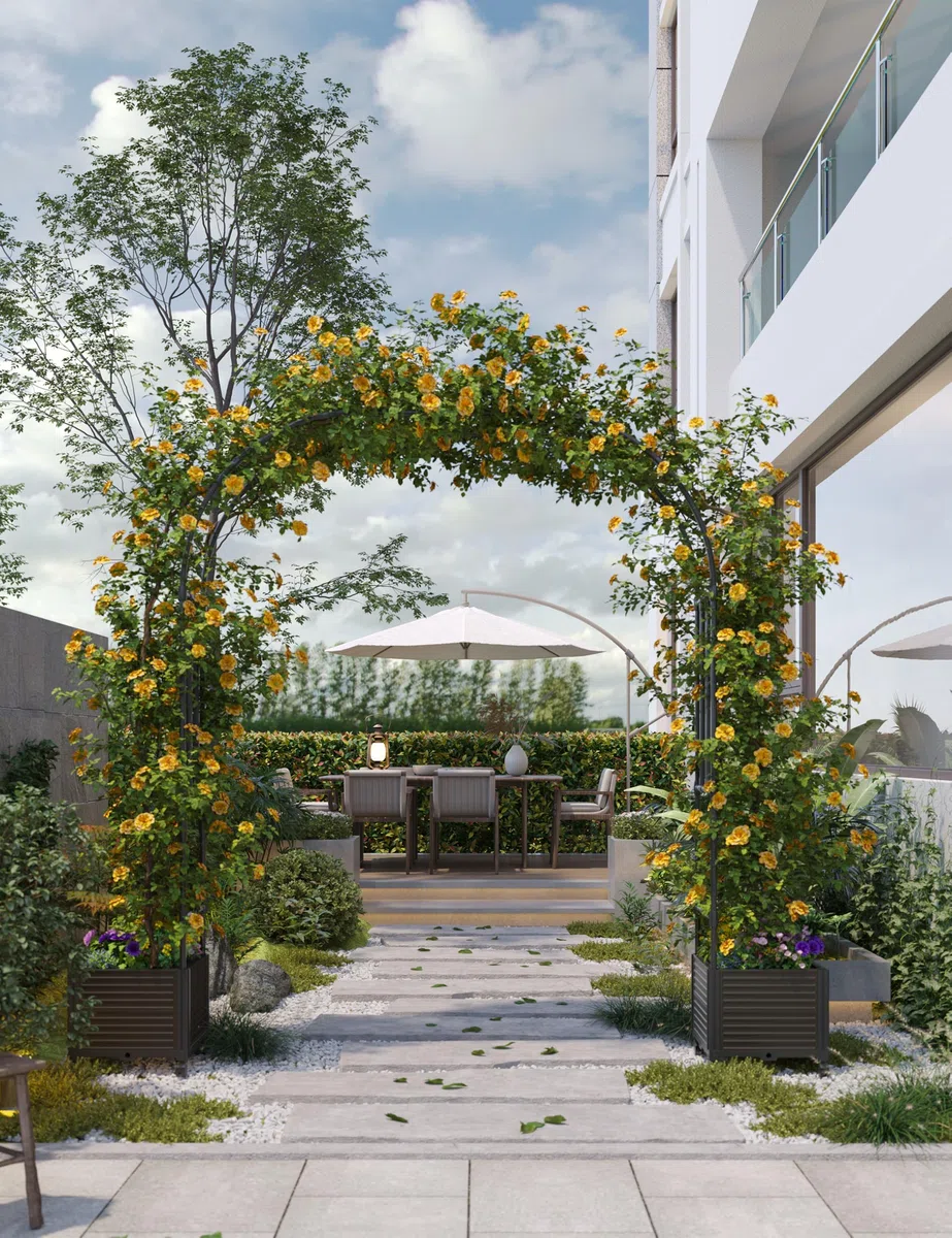 Garvee Arco da Giardino con Fioriera e Ruote Bloccabili, Altezza 2.4m Traliccio per Piante Rampicanti in Metallo, Supporto per Rose Edera Matrimoni Decorazione Esterna, PP Resistente UV
