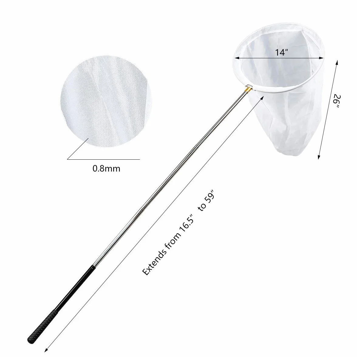 RESTCLOUD Rete professionale per insetti e farfalle con anello da 35,6 cm, profondità netta 66 m, manico telescopico da 150 cm, si estende fino a 200 m in acciaio inox