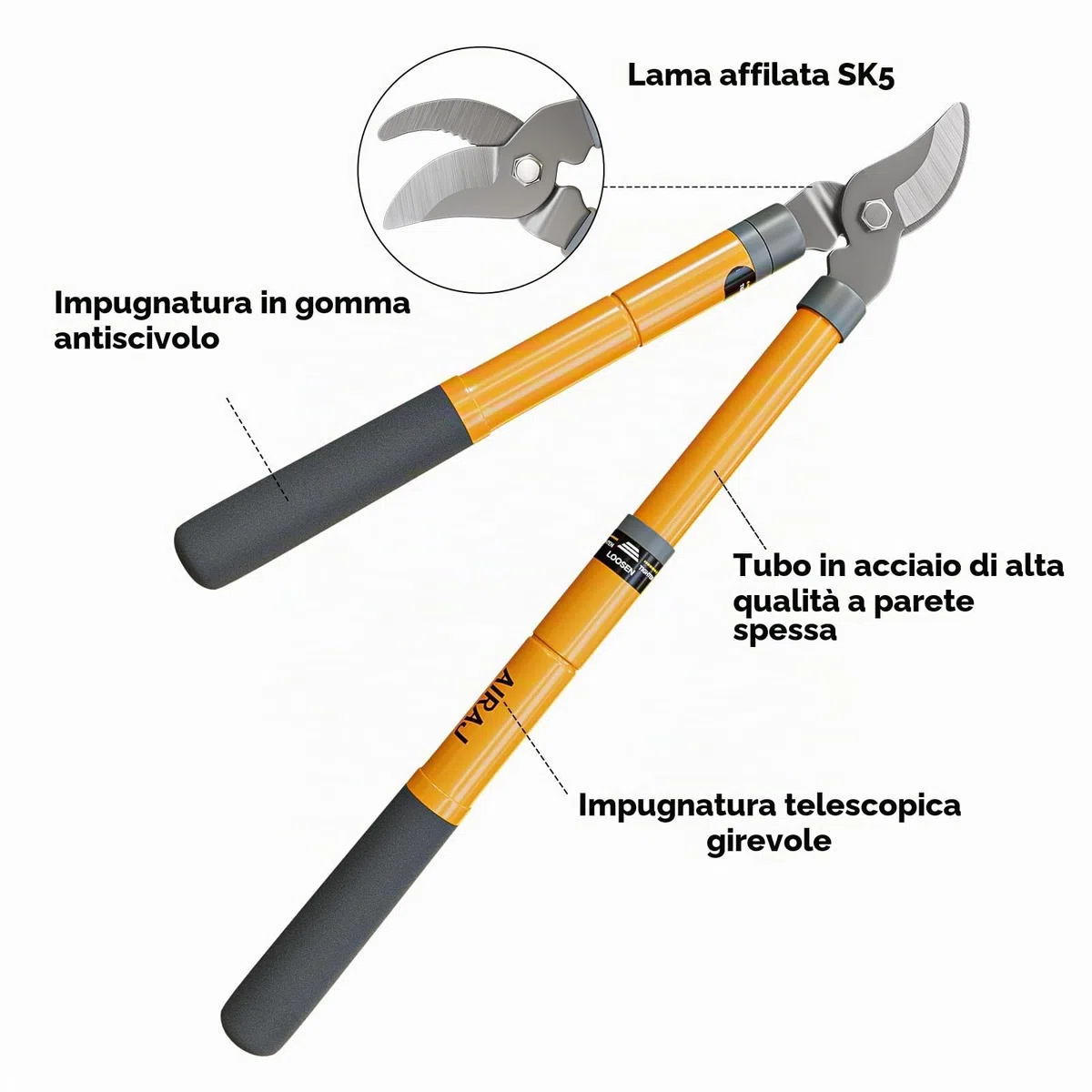 AIRAJ Troncarami Telescopico 42-61cm, Con Lame Affilate e Manici Allungabili, Bypass per La Potatura di Rami Secchi e Umidi