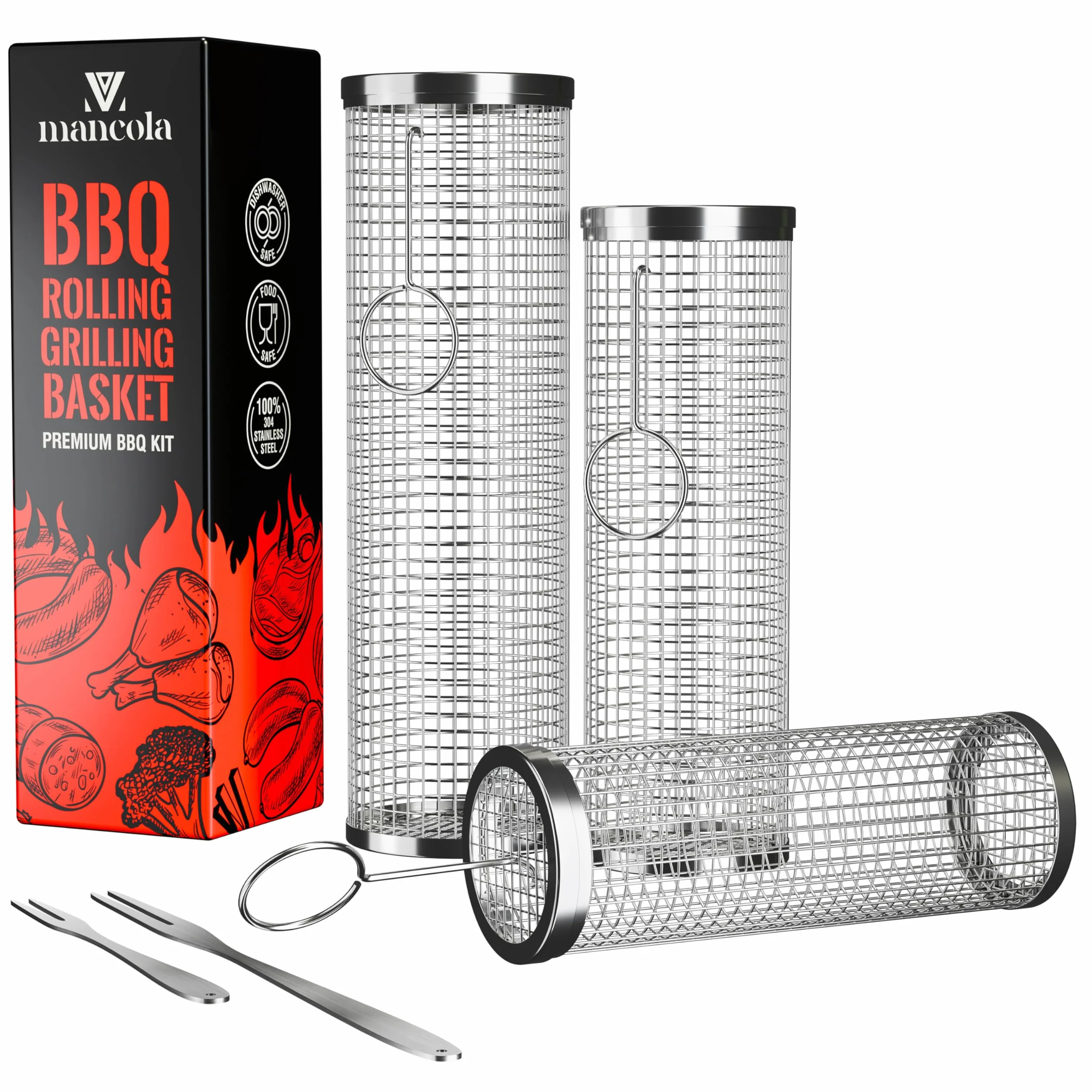 mancola Cestino per Griglia BBQ a Rete Tubo-Rotolante, Cestini per Griglia Rotolanti per Grigliare all'Aperto, Rete per Griglia BBQ Rotonda in Acciaio Inossidabile, Supporto per Barbecue da Campeggio