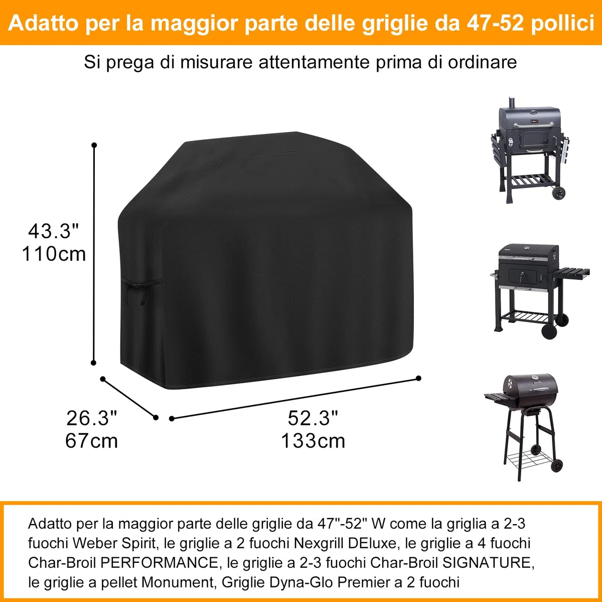 Copertura Barbecue da Esterno 133x67x10 cm, Telo Copri Barbecue Impermeabile, Copertura per griglia resistente impermeabile, copertura per barbecue con cinghie regolabili per Weber, Genesis, Charbroil