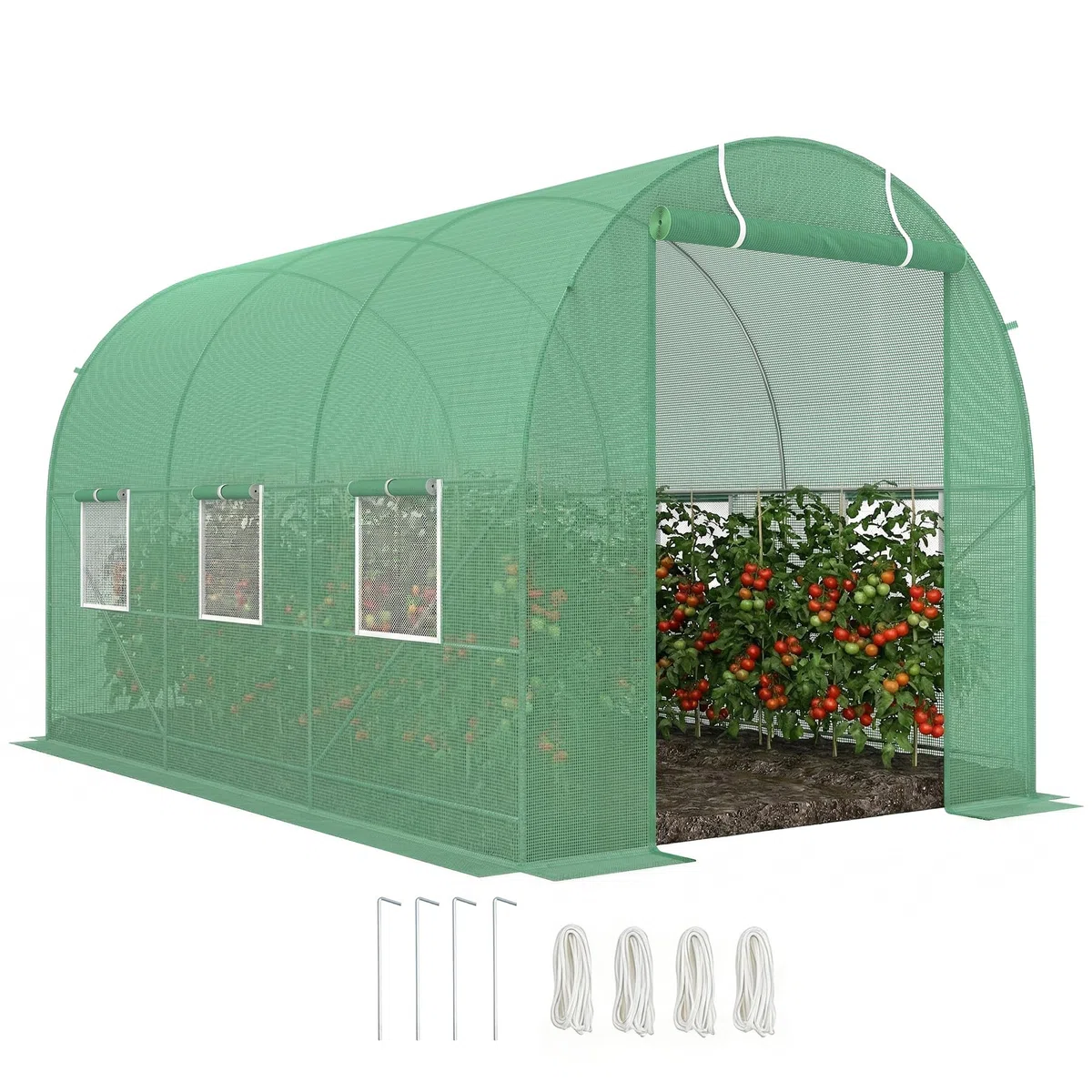 Outsunny Serra da giardino a tunnel, superficie del terreno, 7 m², 3,5 x 2 x 2 m, telaio tubolare rinforzato con cerniera, 6 finestre avvolgibili, colore: verde