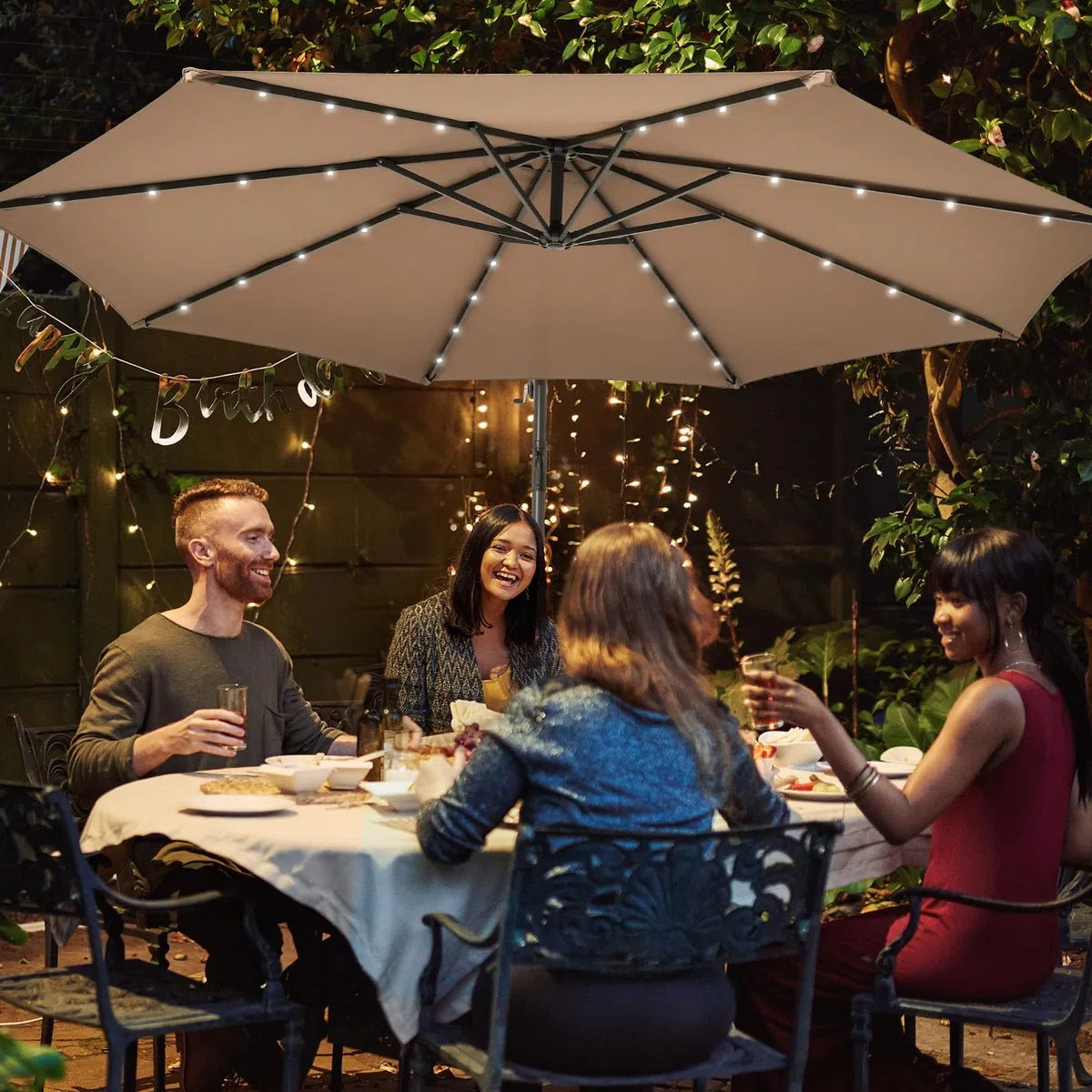 KOMFOTTEU Ombrellone da Giardino con LED e Pannello Solare, Ombrellone Parasole con Sacchi di Sabbia, Anti UV, Impermeabile, Regolabile ad Angolo, Ombrellone da Giardino 3x3 con Manovella