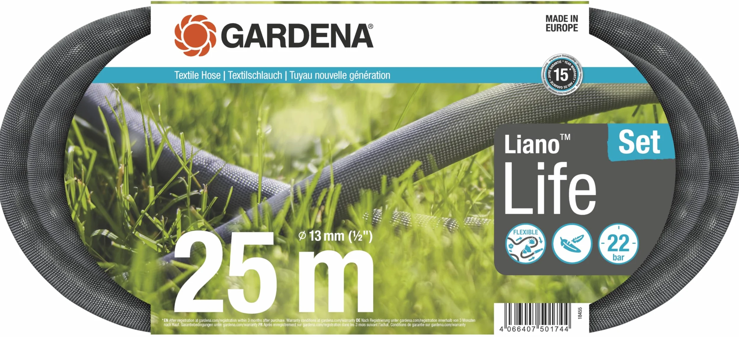 Gardena Liano Life Tubo in tessuto 1/2 pollici, 25 m: tubo da giardino in tessuto molto flessibile, con tubo interno in PVC, non si piega, peso ridotto, resistente alle intemperie (18455-20)