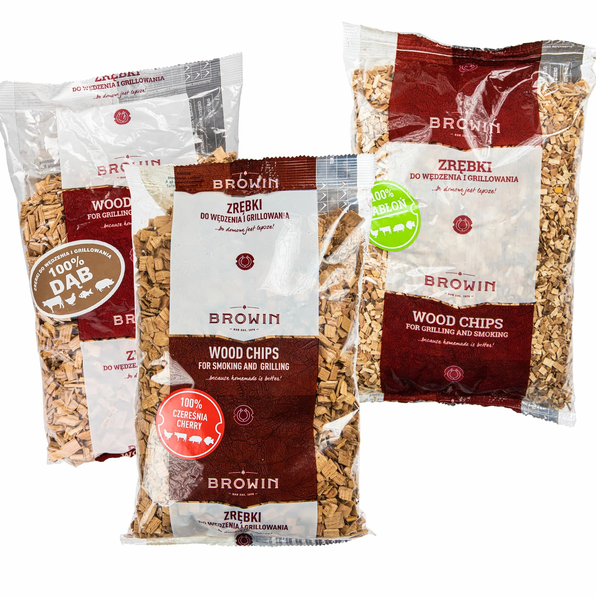 Browin 780820 Trucioli di Legno per affumicare e Grigliare - Il Set: Quercia - 600 g, ciliegio - 450 g, melo - 450 g