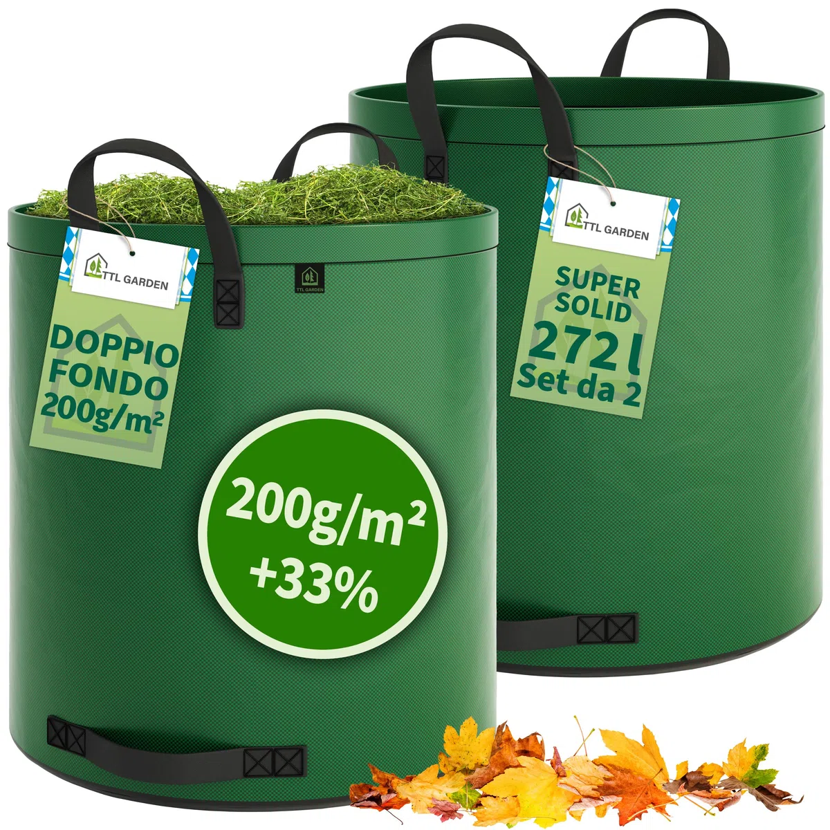 TTL Garden 2 sacchi da giardino Super Solid, 272 l, colore verde, doppio fondo, 2 x 200 g/m², extra stabili e antistrappo, 4 manici, grandi e robusti, set da 2 sacchi per foglie, siepe, rifiuti da
