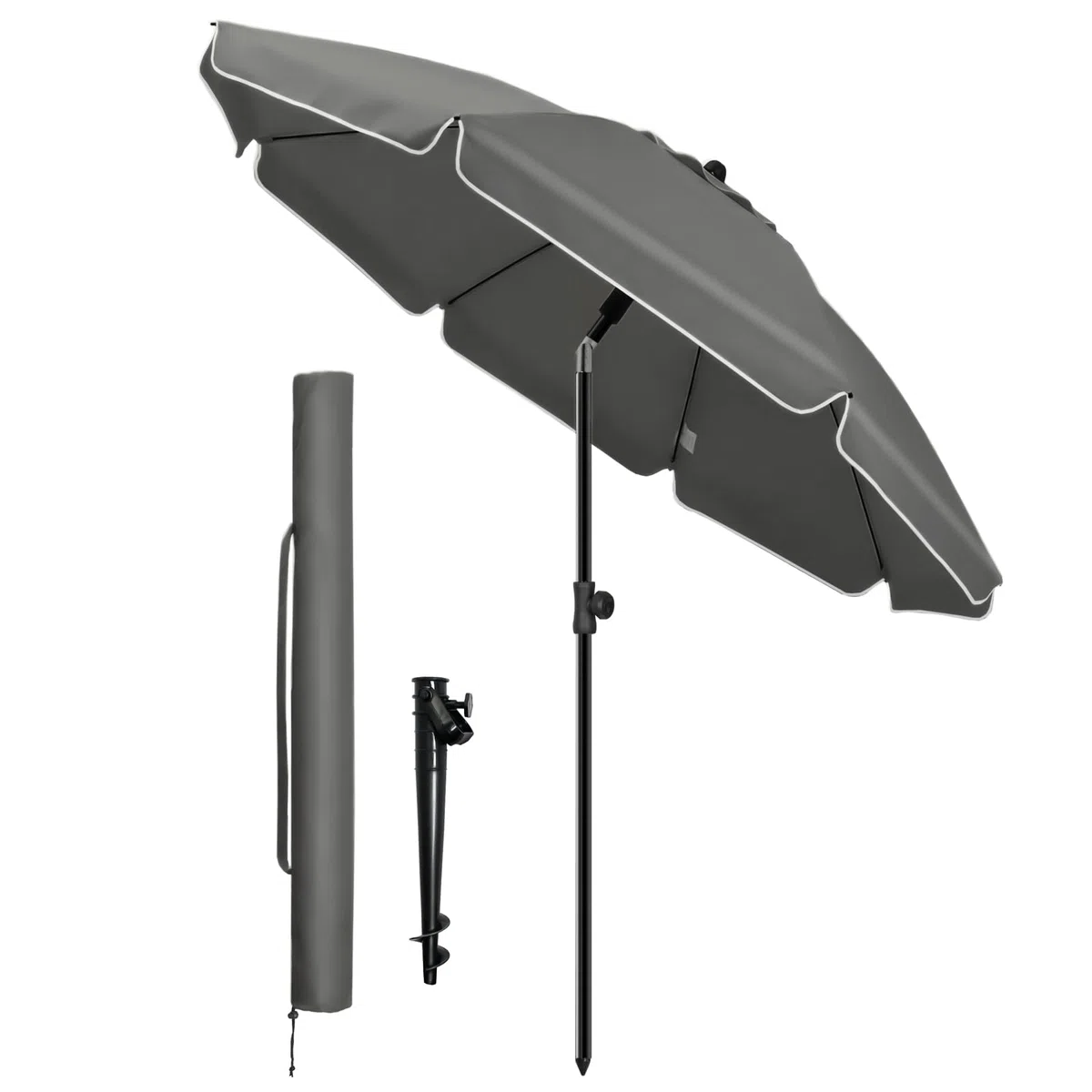 VOUNOT® Ombrellone da Spiaggia 2m Inclinabile Altezza Regolabile, Ombrellone da Giardino con Ancoraggio al Suolo Protezione UV 50+ e Borsa da Trasporto per Balcone, Terrazza e Campeggio, Grigio