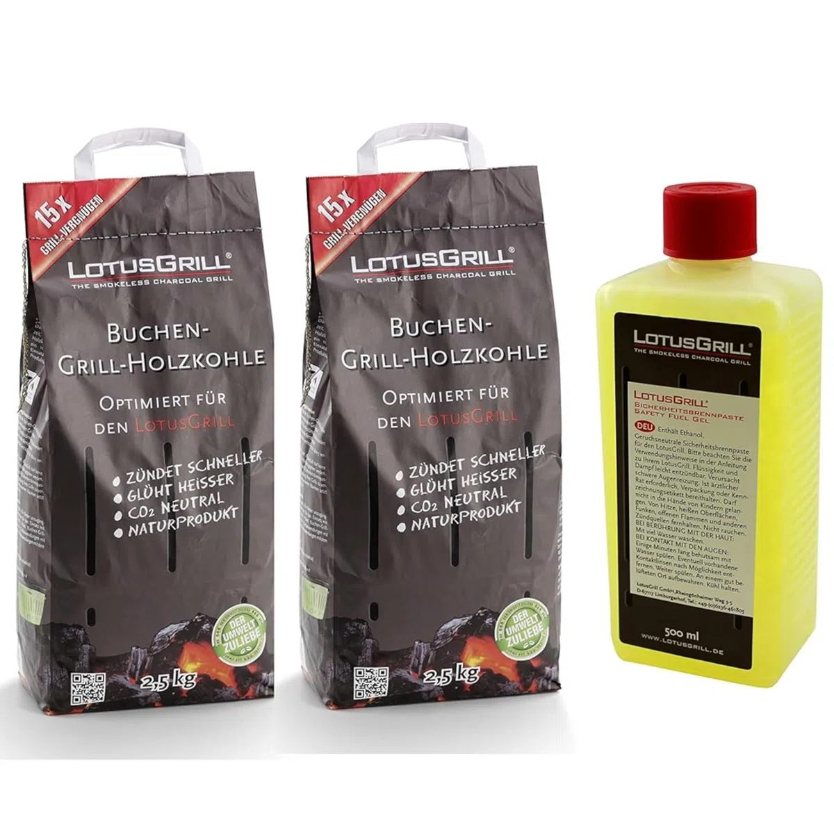 LotusGrill - 2 Carbonelle di Legno di Faggio da 2,5 kg + Pasta Combustibile da 500 ml,