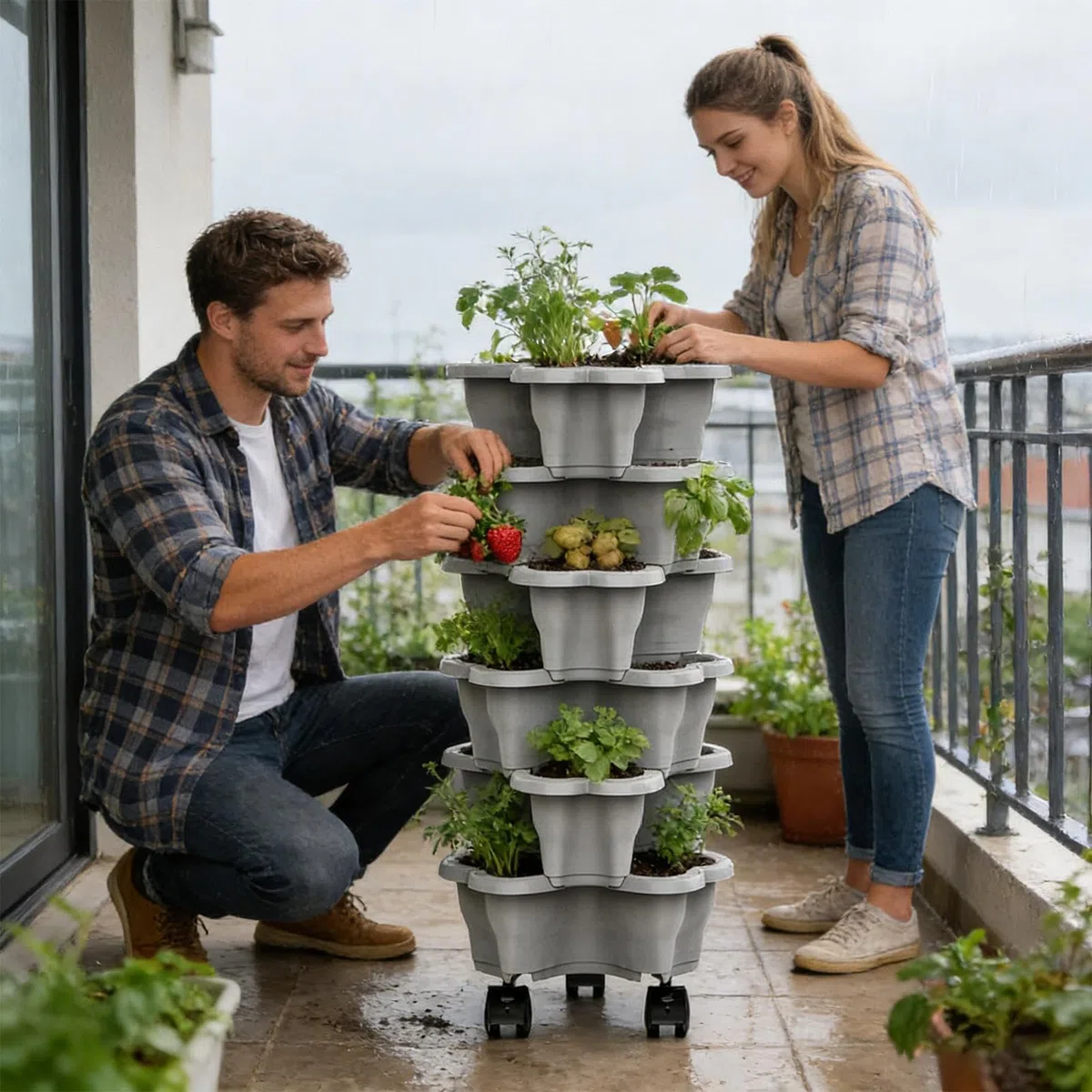 Torre Impilabile A 6 Livelli Con Ruote Per Piantare Fragole, Torre Per Piante Da Interno, Torri Verticali Impilabili Per Il Giardinaggio Rialzato In Casa Sul Balcone In Giardino Nel Patio O Sotto