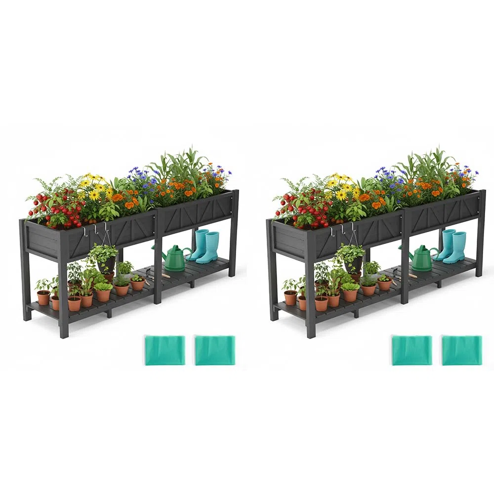 Orto Alto 183x44x73cm, Fioriera Esterna Elevata con Ripiano, Resistente alle Intemperie, 6 Ganci e 2 Fodere Non Tessute