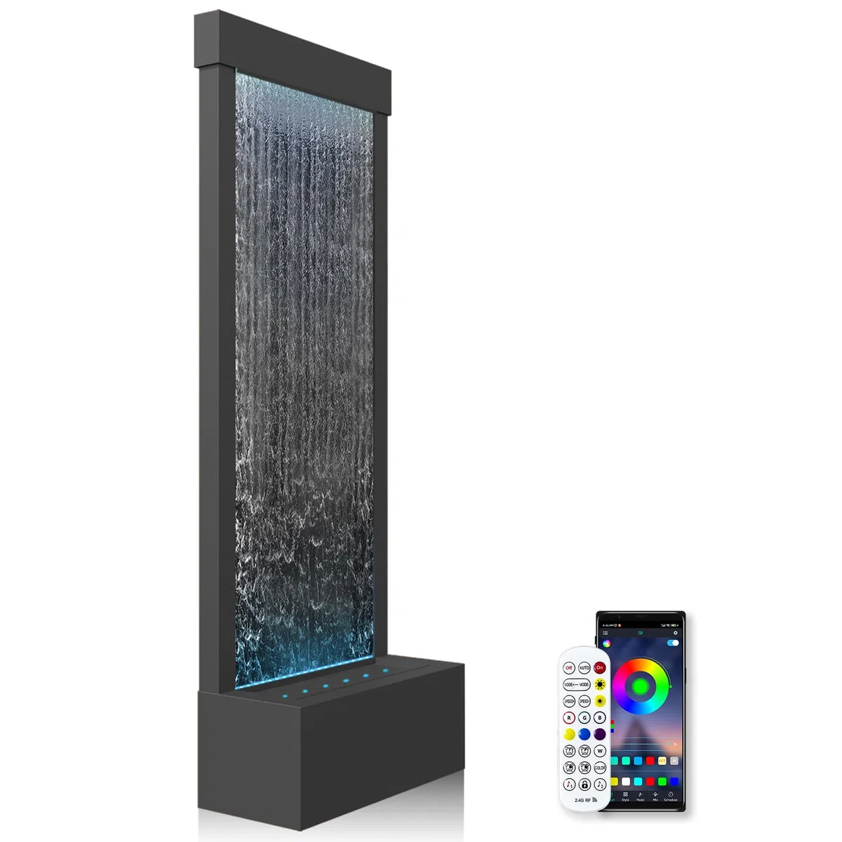 LONGRUN Fontana a cascata a specchio da interno con luce a LED controllata app, pavimento da giardino esterno in piedi, da 48 "Acqua di arredamento per la casa Caratteristica -Nero