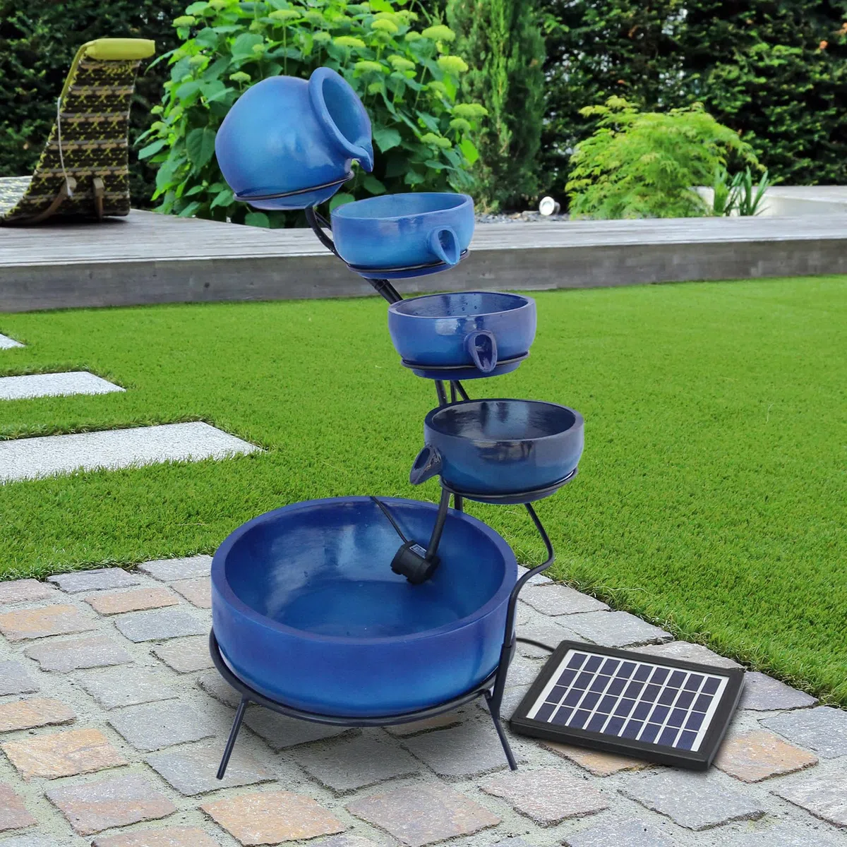 MonsterShop - Fontana Solare a Cascata da Giardino con Batteria di Supporto da 6 Ore Fontanella con Pannello Solare e Picchetto Fontanella a Vasi Fontana con Ciotole - Blu