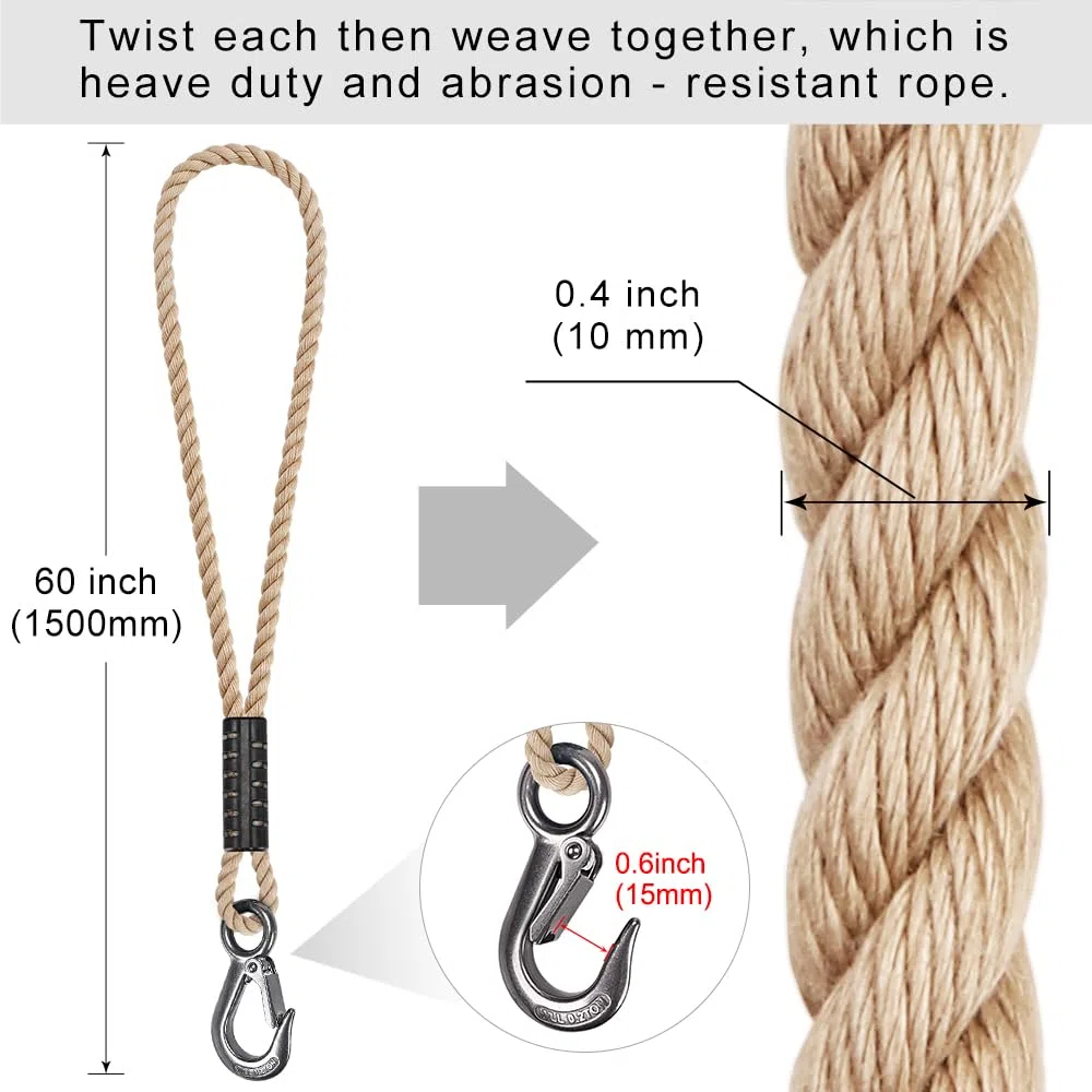 BeneLabel Corda per altalena per albero con gancio, 1,5 m, cinghie in poliestere (181,4 kg) per sedie sospese all'aperto, set di accessori, fino a 1134 kg, diametro 10 mm, naturale