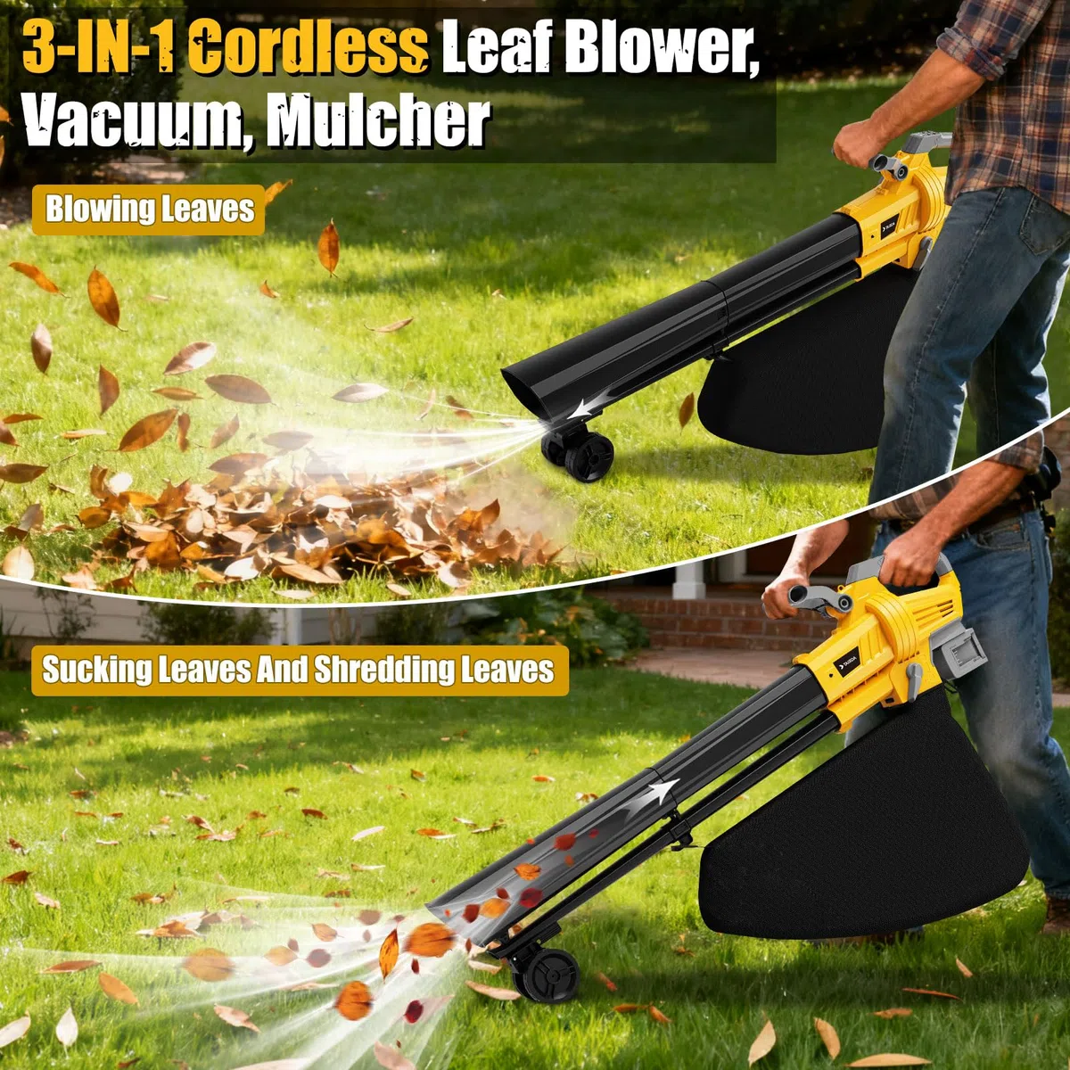 3 in 1 soffiatore sottovuoto per foglie compatibile con batteria Dewalt 20 V | Aspiratore elettrico senza fili, senza fili, con borsa da 40 l, modalità turbo per una rapida pulizia del patio e vialetto