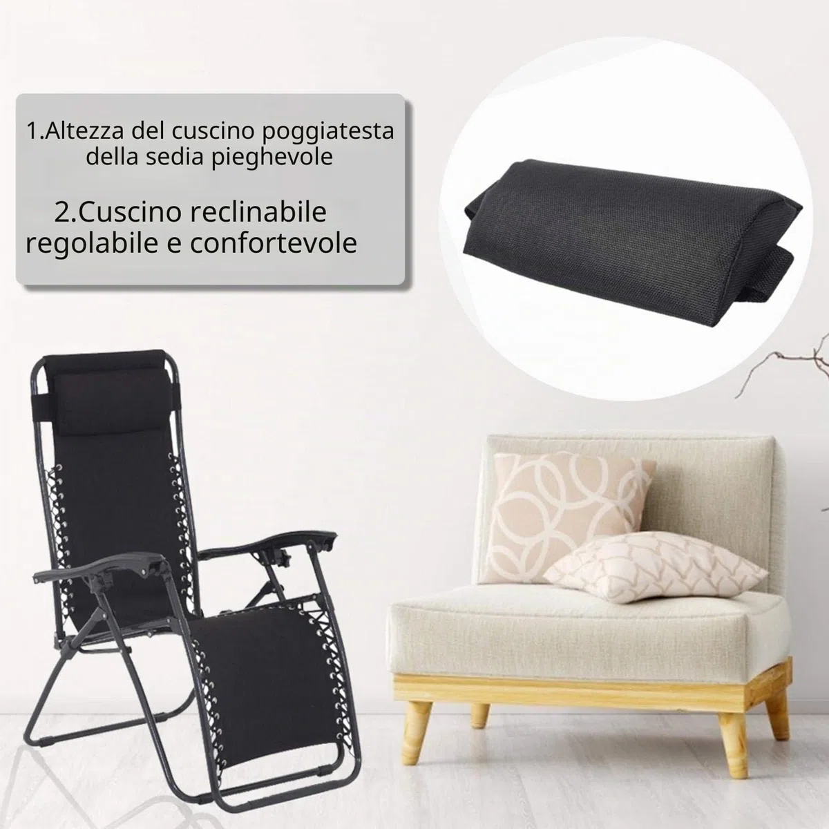 cuscino universale per sedia a sdraio da giardino, sedia a sdraio, cuscino da viaggio, cuscino per il collo con elastico grigio.