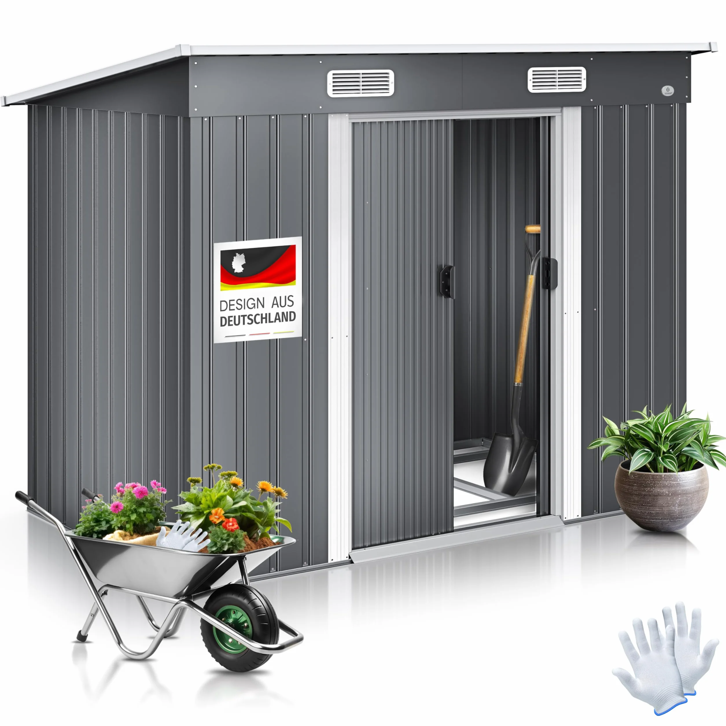 KESSER® - Casetta degli attrezzi, L, in metallo, 4 m³, con fondazione, 194 x 112 x 181 cm, 2 porte scorrevoli e fondamenta, capannone degli attrezzi, capannone da giardino, con guanti da lavoro grigi