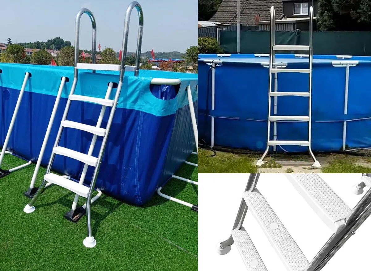 Scala per piscina fuori terra, telaio in acciaio a 4 gradini per ingresso/uscita con gradini antiscivolo, design su entrambi i lati, supporta fino a 250 kg per piscine da 135 cm