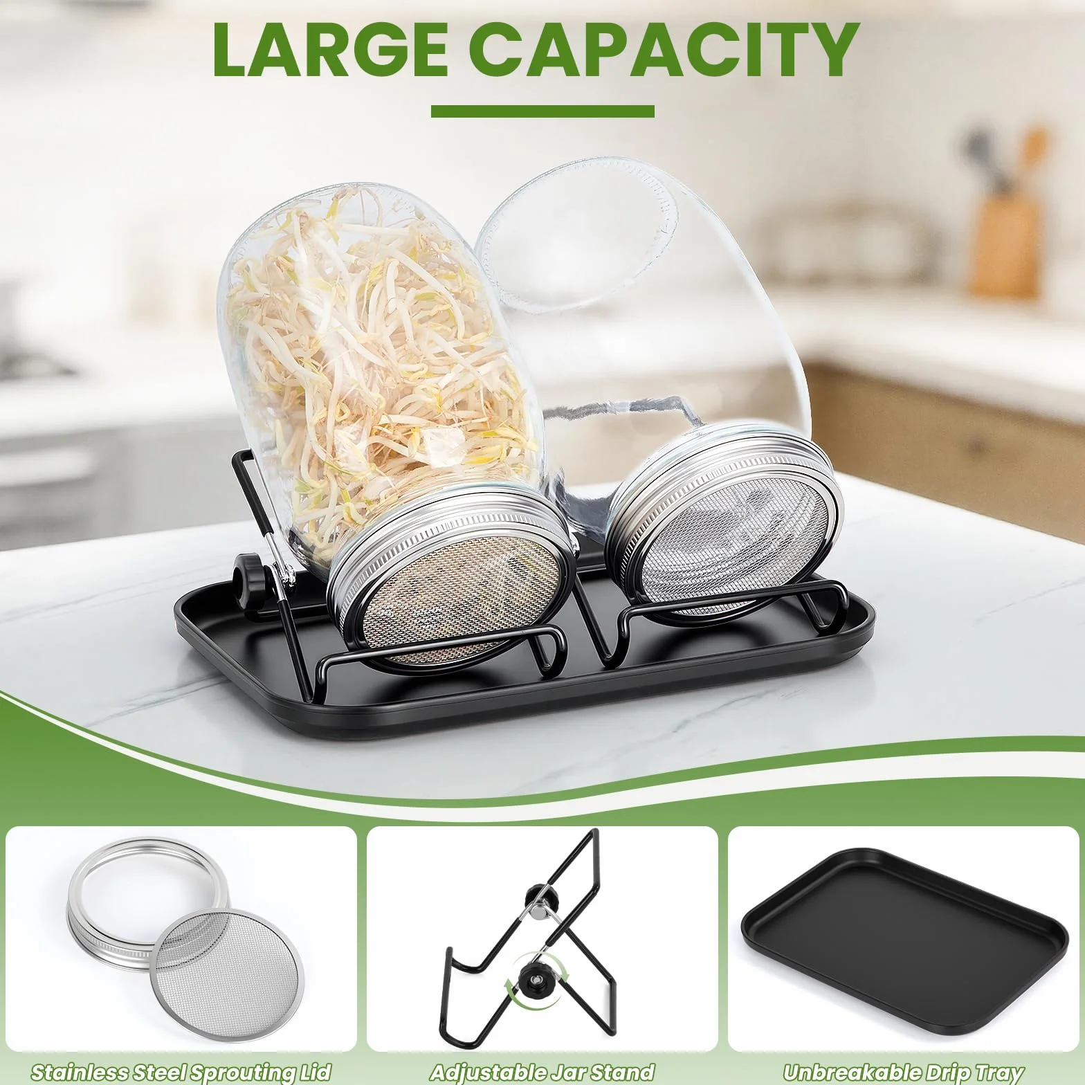 Germogliatore per Semi, 2 X 1000ml Barattolo Germogliatore in Vetro con Coperchio a Filtro in Acciaio Inox, Supporto Regolabile e Vassoio Nero, Barattoli Germogli per Germinazione di Semi