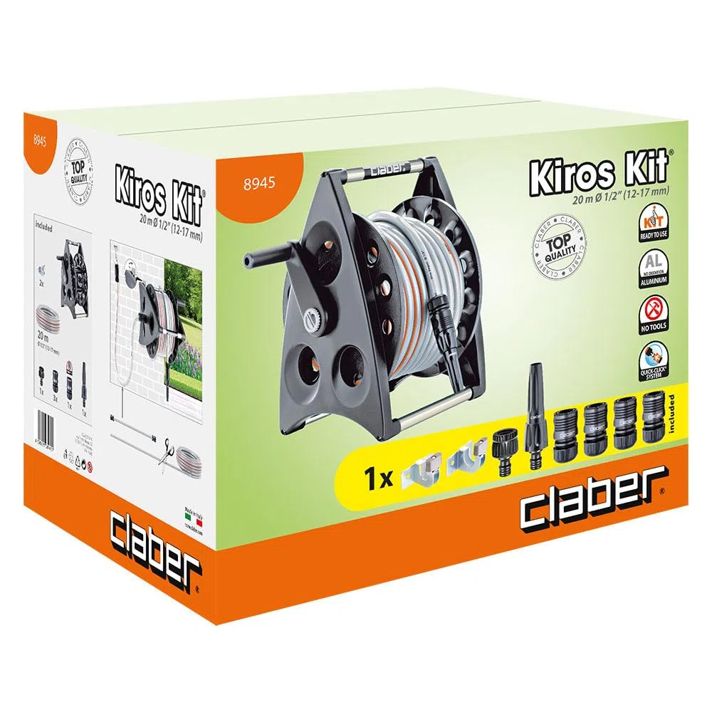Claber Kiros kit, avvolgitubo manuale da giardino in plastica e alluminio, portatile installabile a parete con tubo e lancia