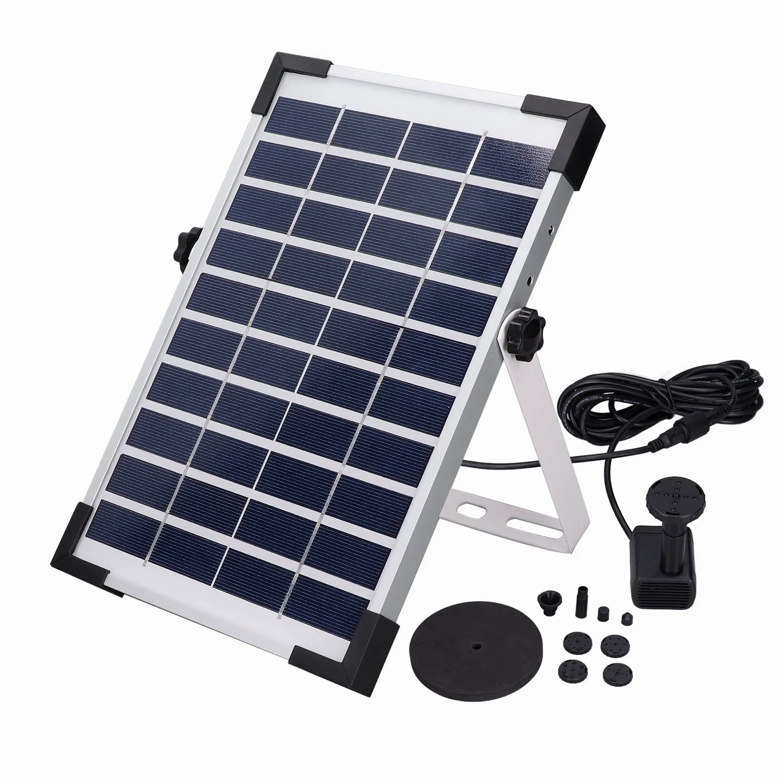 Cocoarm Fontana Solare Pompa per Fontana Solare in Silicio Monocristallino ABS 5W 10V con Testa da 200 Cm Flusso 190L H 4 Ugelli per Bagno per Uccelli Stagno Piscina Giardino Giochi d'Acqua