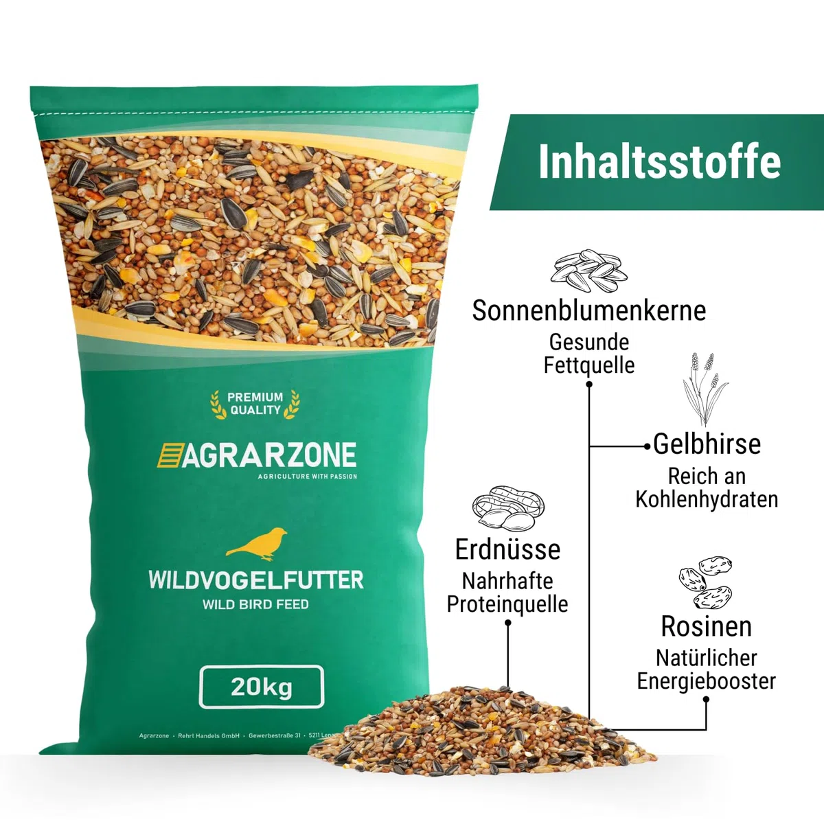 Agrarzone ALLROUND Mangime per uccelli selvatici 20 kg - Miscela di alta qualità senza additivi, per 4 stagioni - Con preziosi semi di girasole, uvetta e arachidi