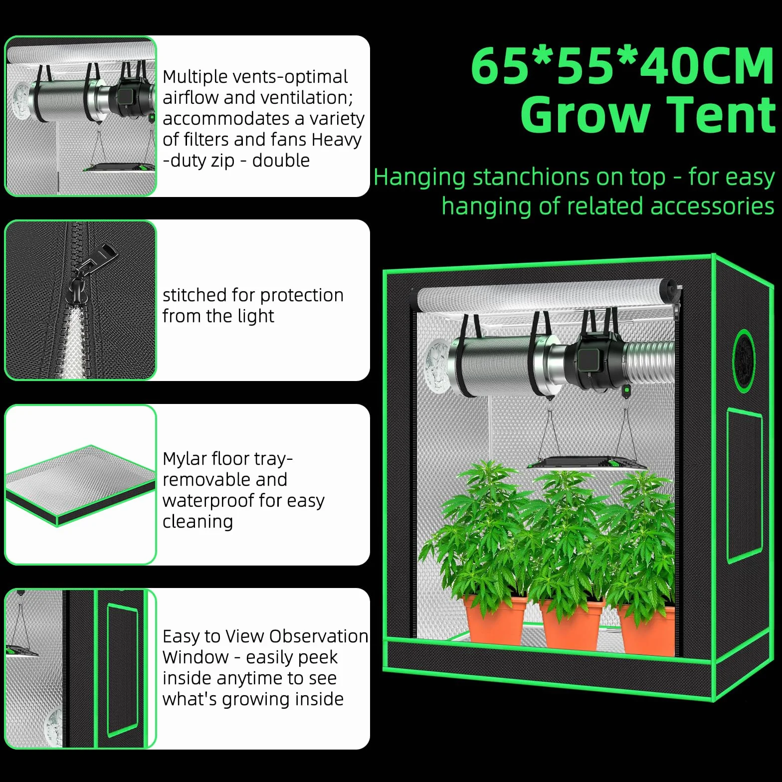 55 x 40 x 65 cm Grow Tent con finestra di osservazione, vasca, finestra di ventilazione e passacavo (nero, poliestere)
