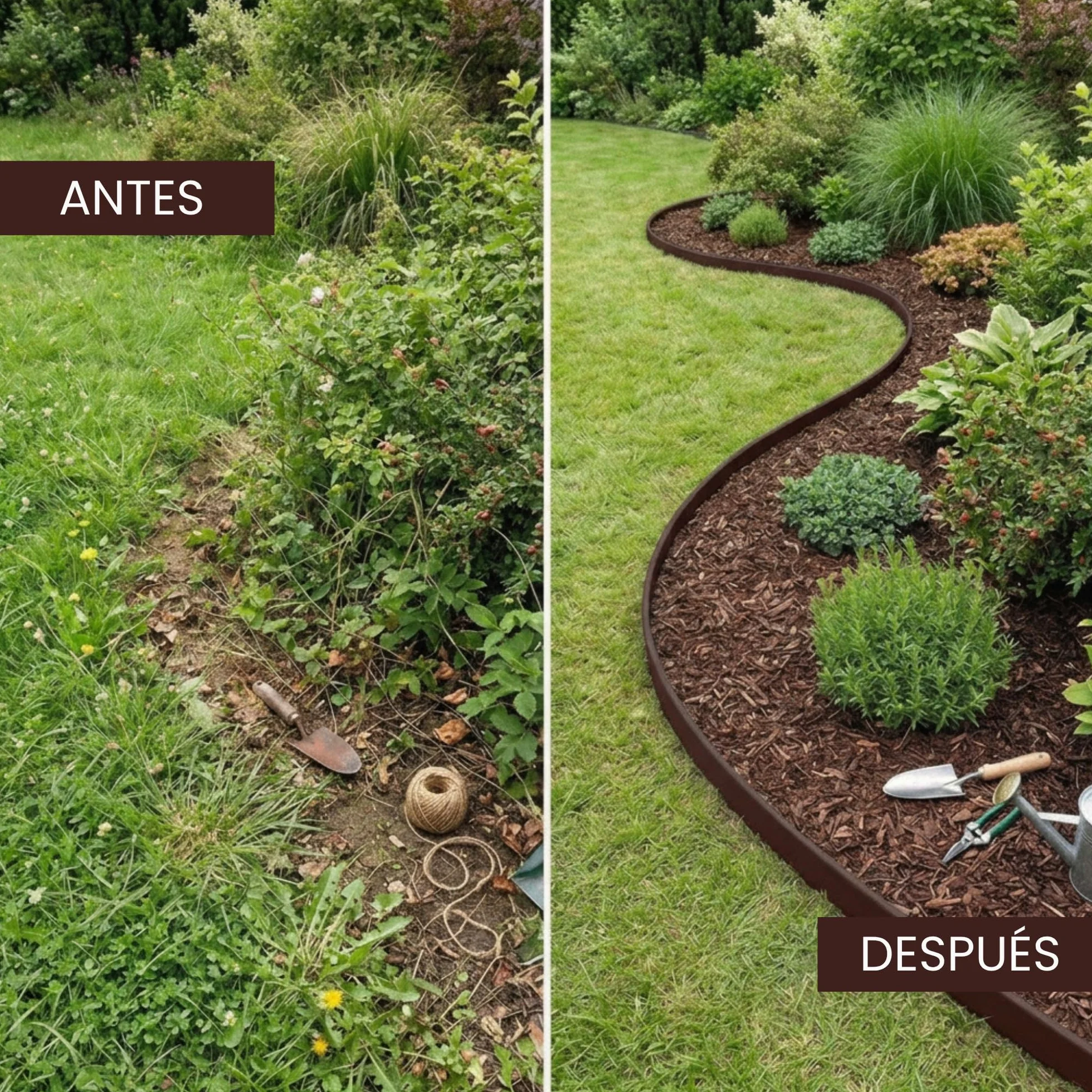 Ediesi, Bordura per giardino 10 m flessibile, bordo aiuole plastica resistente 5 mm, bordatura giardino per prato vialetti, installazione facile con 30 picchetti (Marrone, 10 metri)