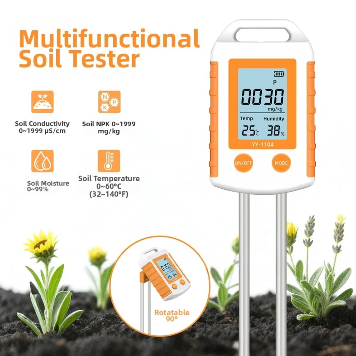 KiraKira Strumento portatile 6 in 1 per test del suolo, NPK, misuratore di temperatura e umidità del pH, misuratore di fertilità da fattoria da giardino, per grande schermo LCD