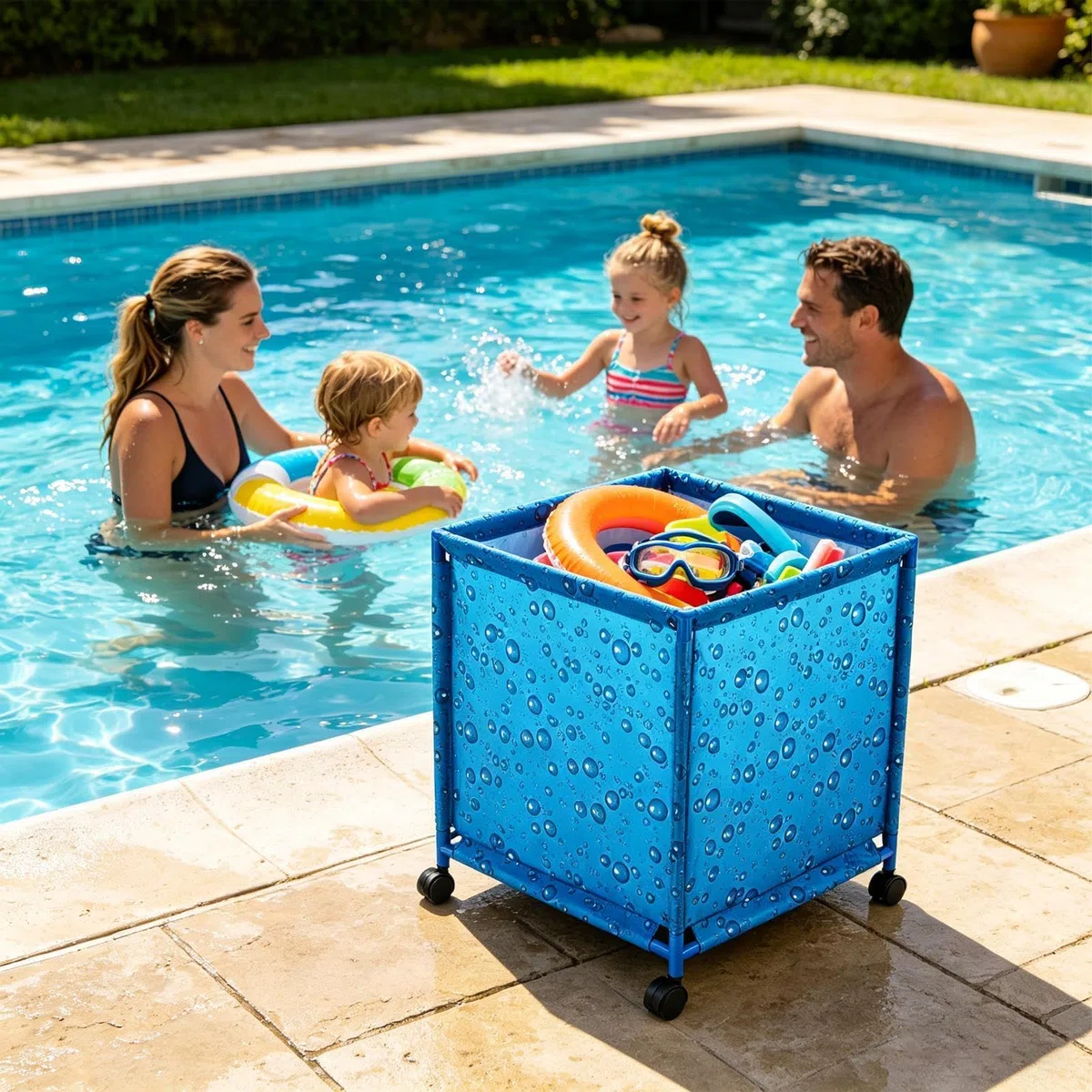 Organizer per giocattoli da piscina, 62 x 62 x 72 cm, per piscina all'aperto, in tessuto Oxford blu reale, organizer arrotolabile e pieghevole, cestino per accessori da nuoto, carrello portatile per