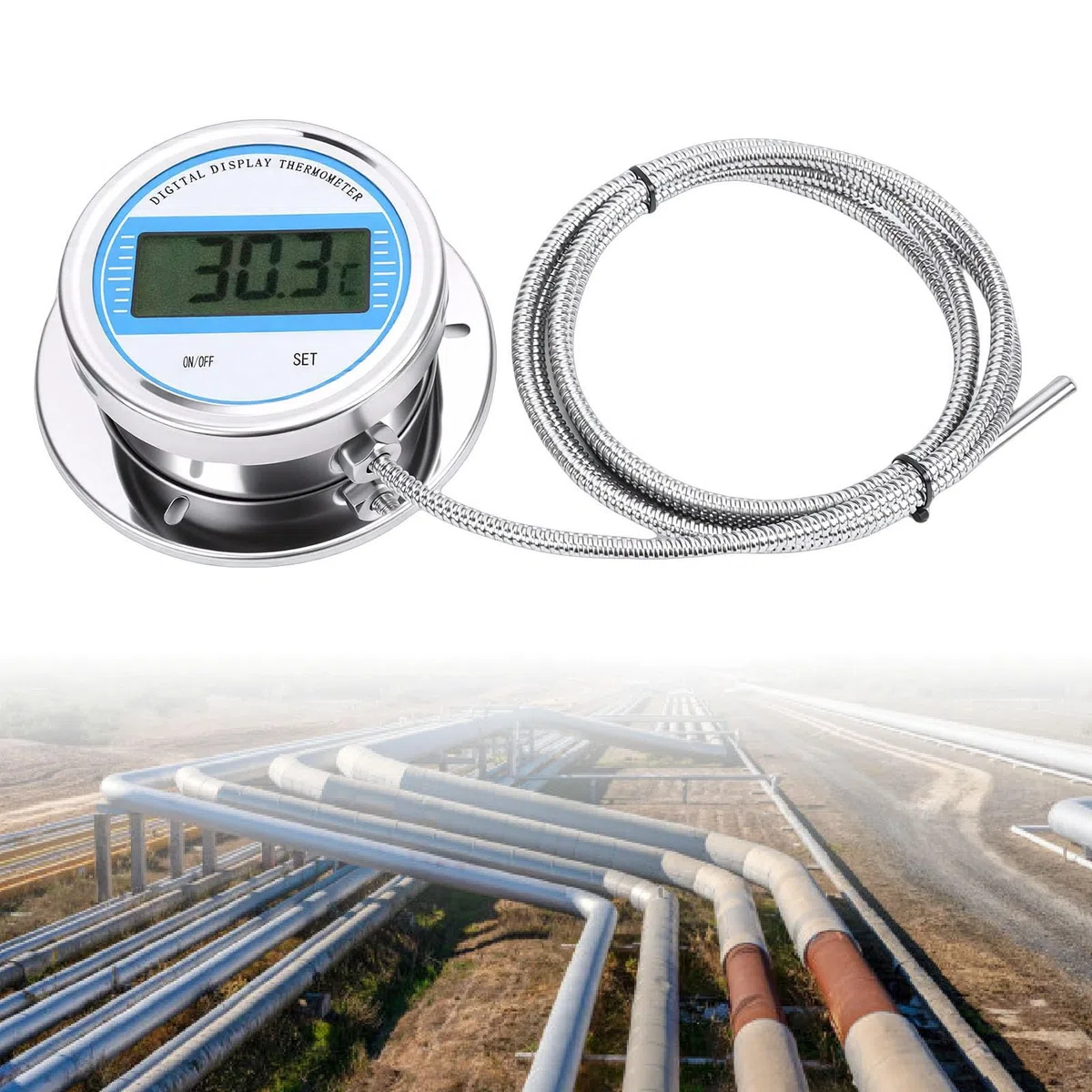 Dpofirs Termometro Digitale, Misuratore di Temperatura Digitale Industriale con Sonda Impermeabile in Acciaio Inossidabile da 2 M, per Tubi di Stufe da Cucina e Applicazioni Industriali