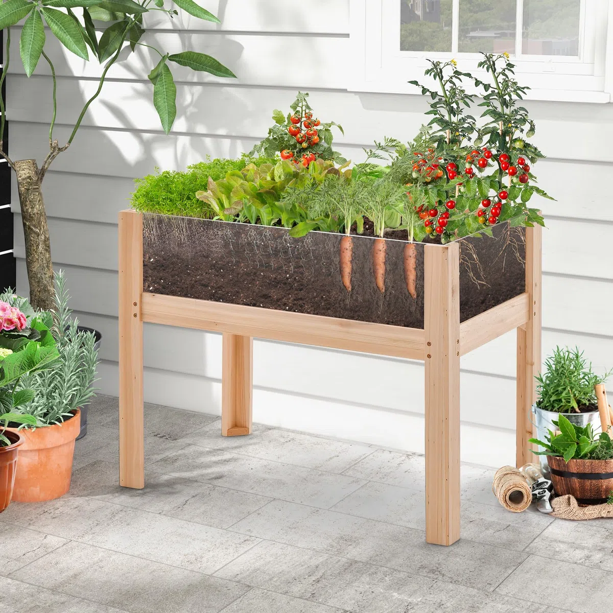 HOMASIS Orto Rialzato da Esterno in Legno di Abete, Fioriera Rialzata con Lastra Acrilica, Terrario per Animali con 2 Fori di Scarico, Aiuola Rialzata da Balcone, Giardino (75 x 46 x 61 cm)