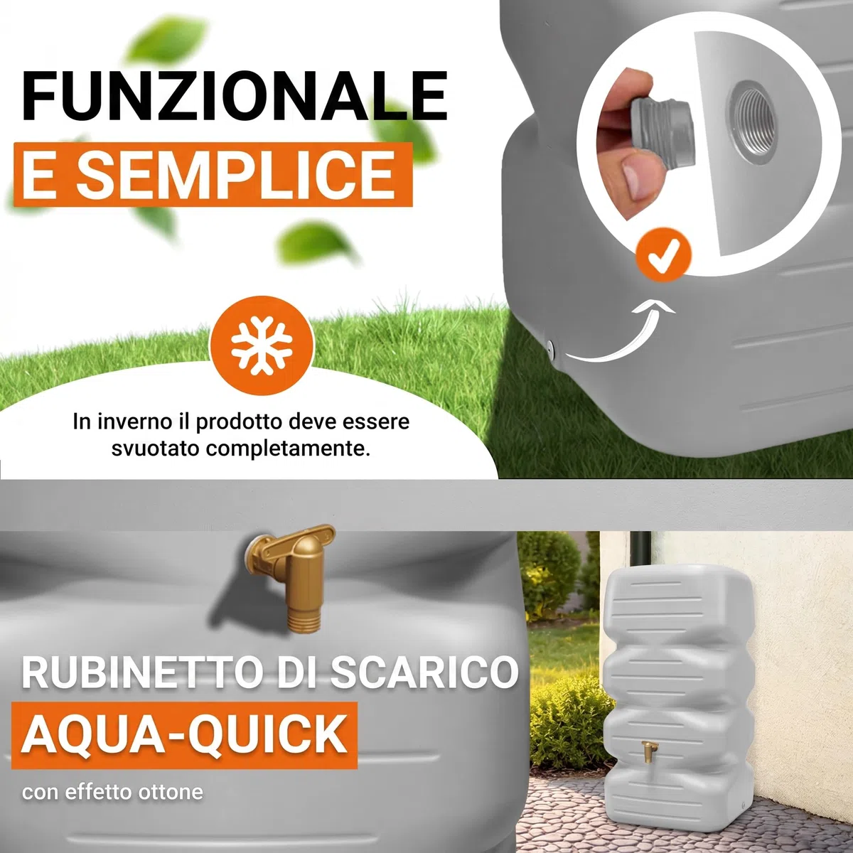GARANTIA CUBUS serbatoio da giardino set completo 340 litri grigio cemento incl. rubinetto in plastica e raccordo pluviale - pronto al collegamento - design compatto elegante - riempimento automatico