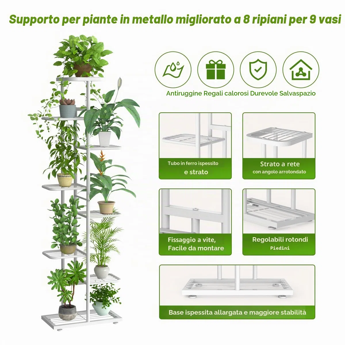 8 Livelli Porta Piante da Interno Esterno con Attrezzi da Giardino e Guanti, 141cm Supporto per Piante Fioriera in Metallo Scaffale Angolare Piedistallo per Piante Vasi da Balcone, Bianco