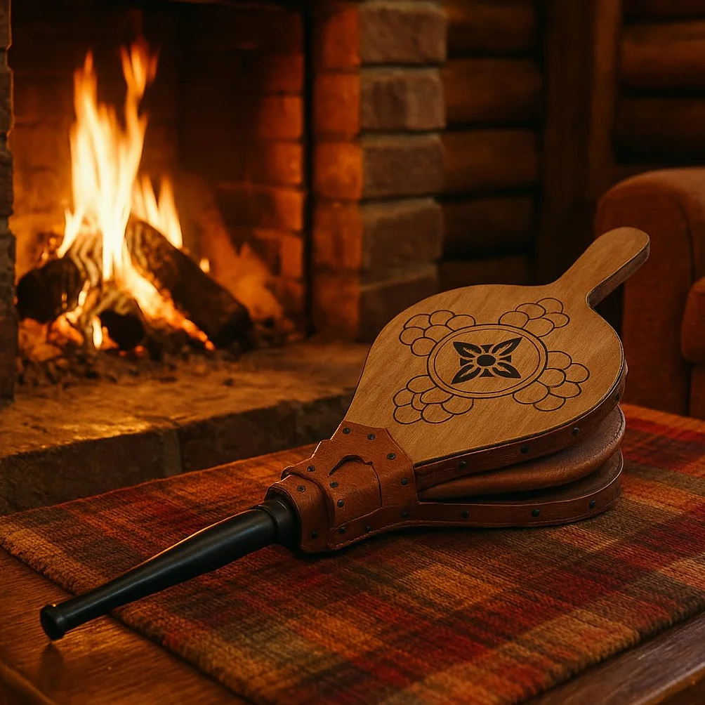 Soffietto per Camino e Barbecue - Soffietto Manuale per Camino - Soffiatore Barbecue - Camino in Legno Naturale - Soffietto per Camino a Legna - Porta Soffietto in Legno - 43 cm