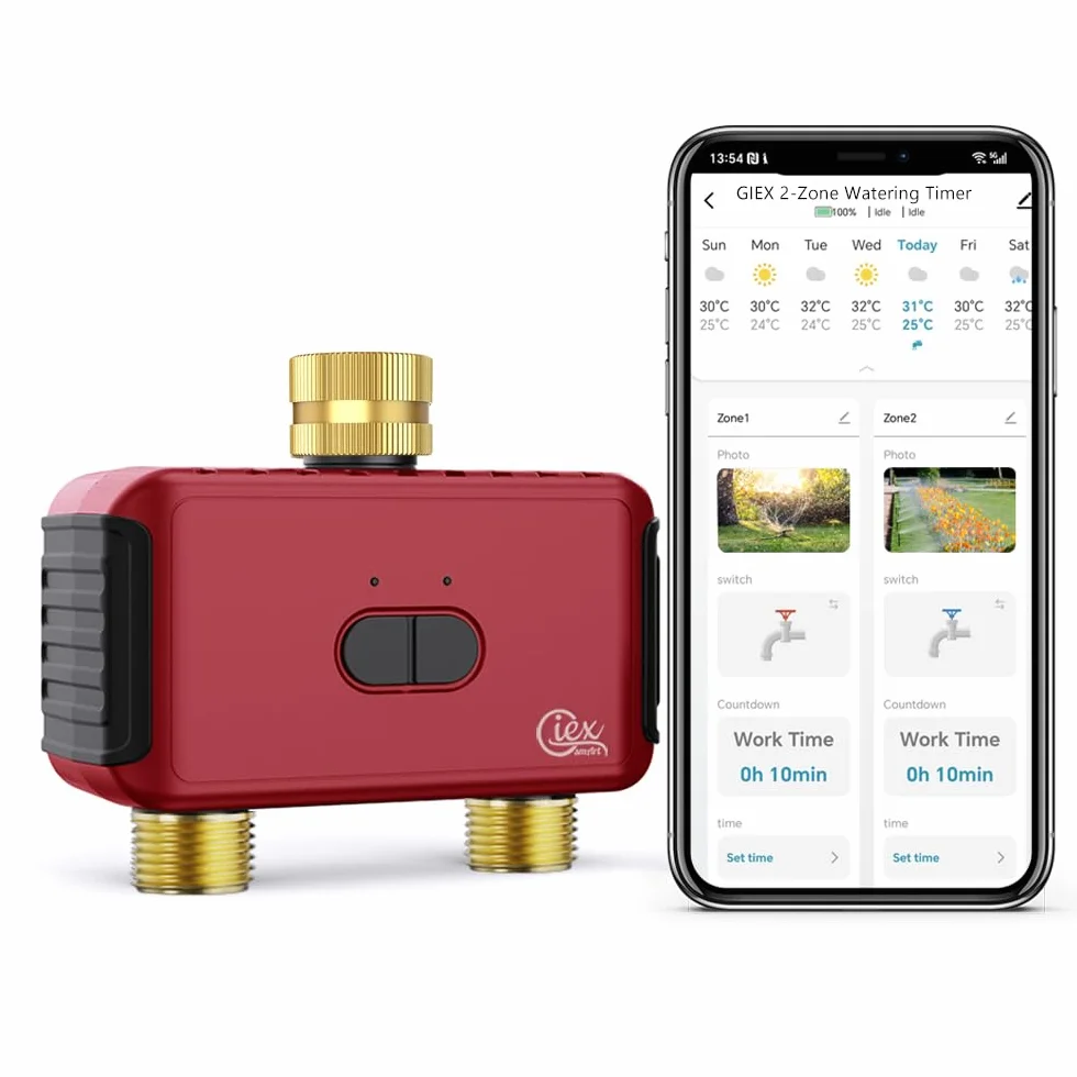 GIEX Timer di irrigazione WiFi a 2 zone, centralina intelligente per tubi da giardino, compatibile con le app TUYA e Smart Life