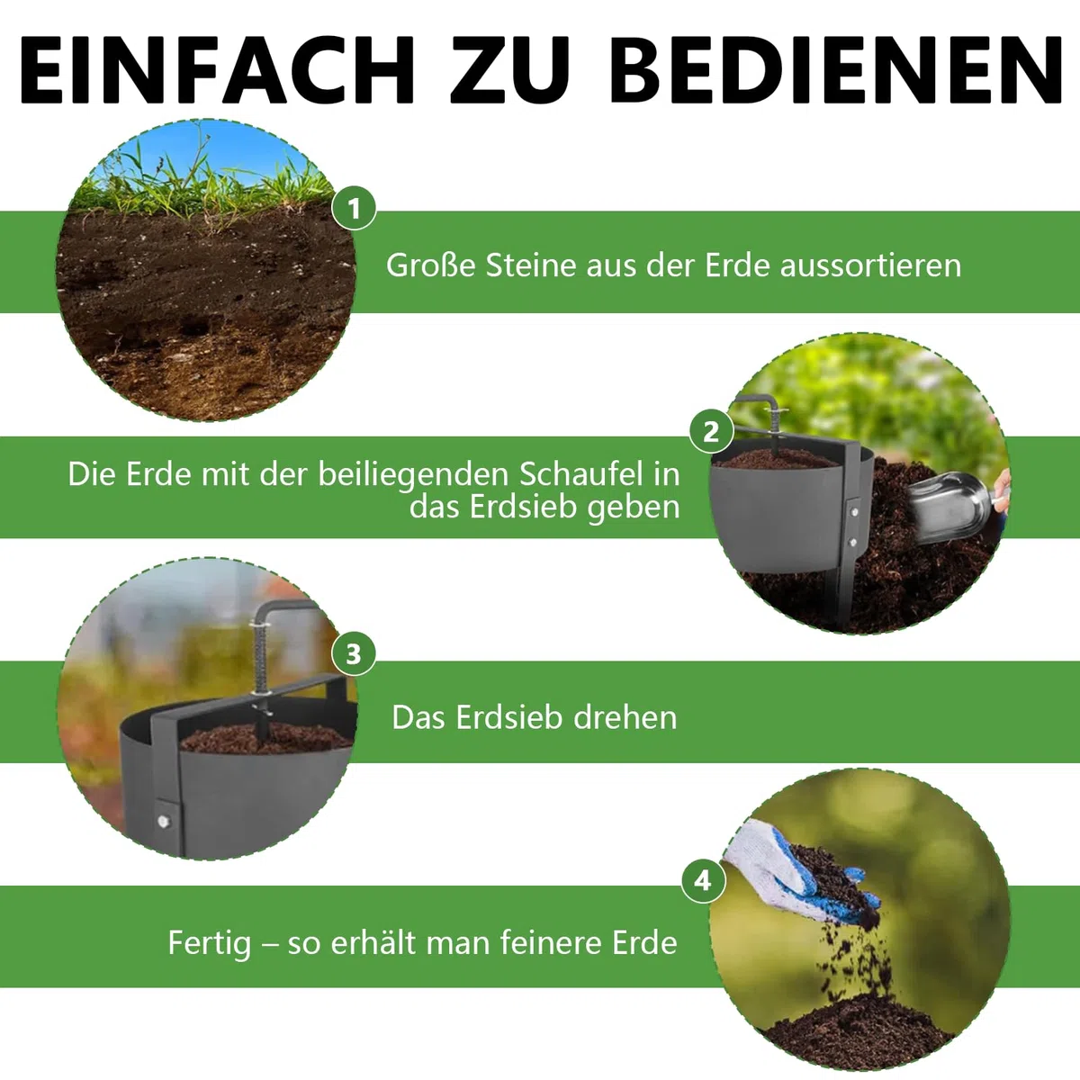 Colino da giardino a manovella in metallo, Ø 30 cm, con 4 setacci (3/6/9/12 mm), efficace filtro per terra, pietre, sabbia, compost, erbacce, colino intercambiabile per giardinaggio